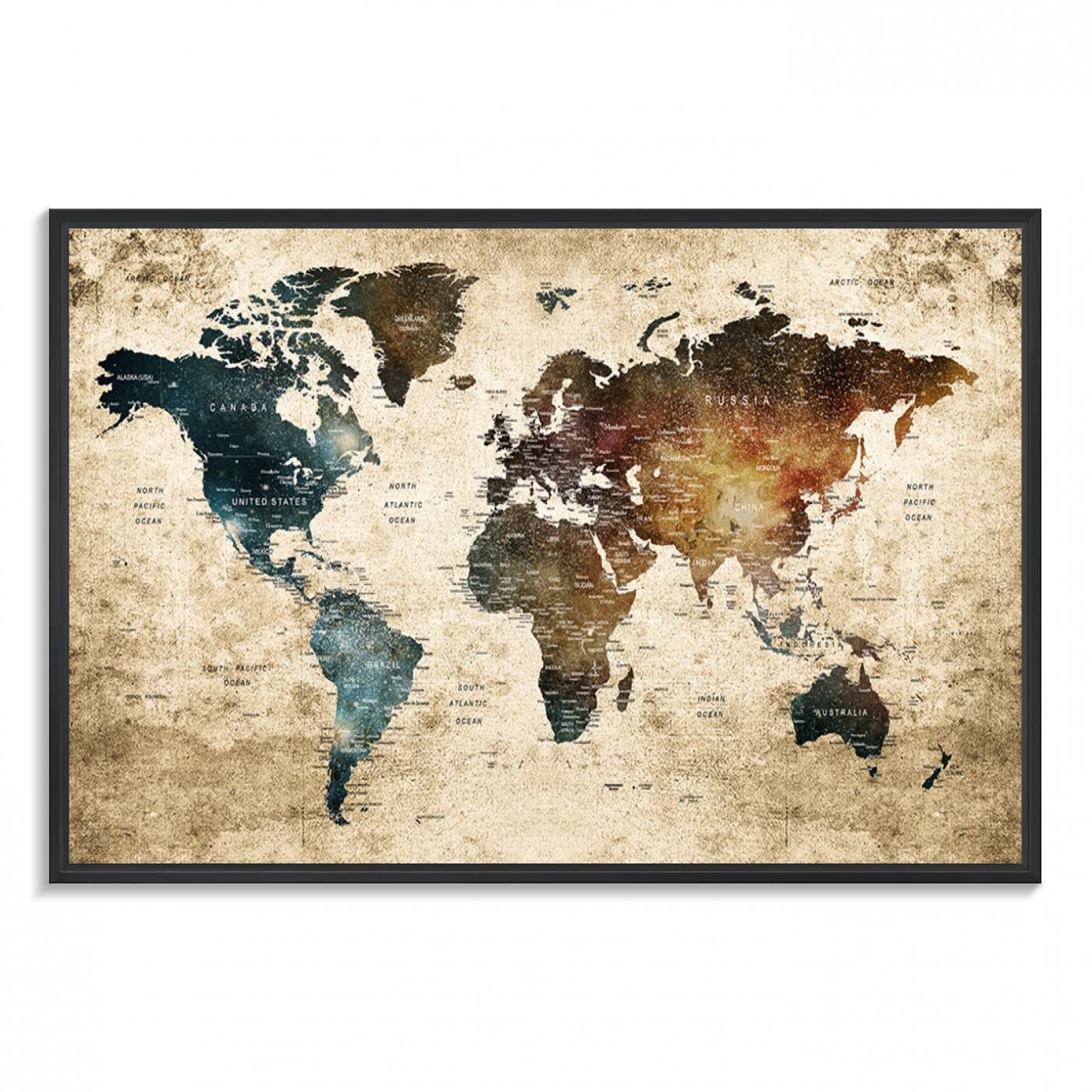 55201-MGV-FC-36X24_Black-Framed Travel Wall Art Print - Grunge World Map Travel Canvas for Study, Office, or Living Room