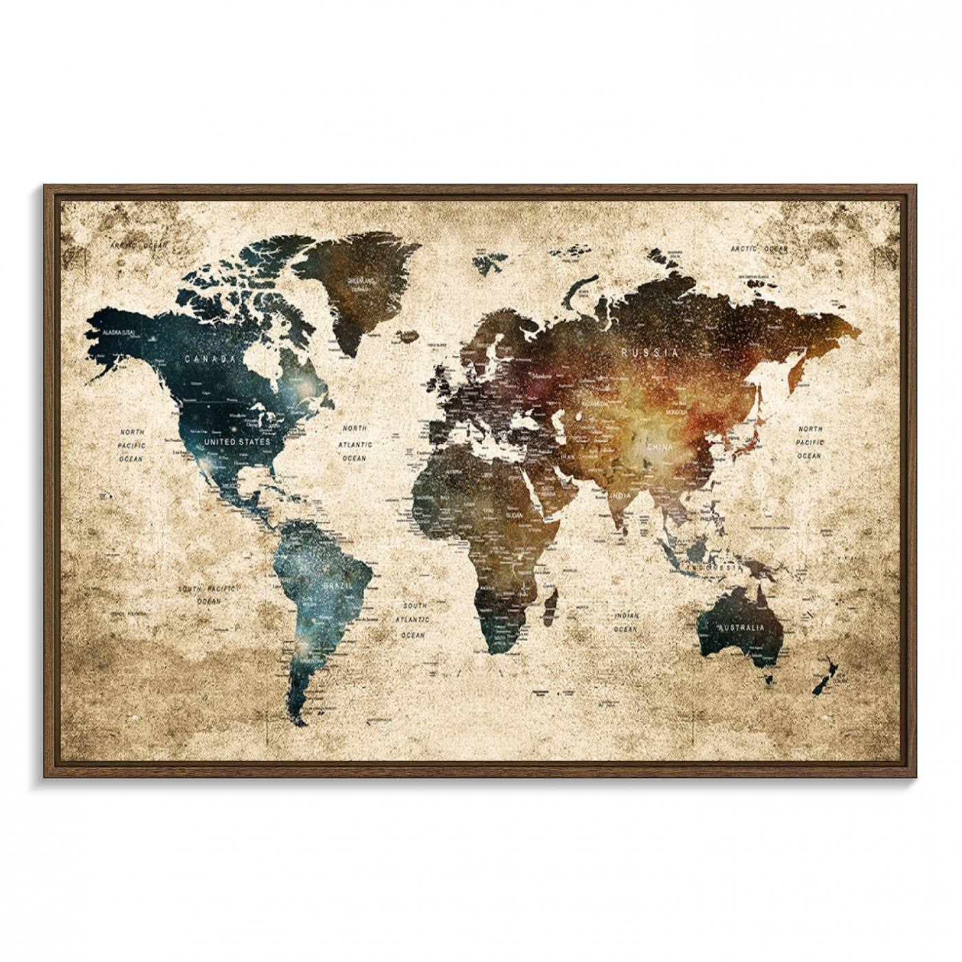 55201-MGV-FC-36X24_Walnut-Framed Travel Wall Art Print - Grunge World Map Travel Canvas for Study, Office, or Living Room