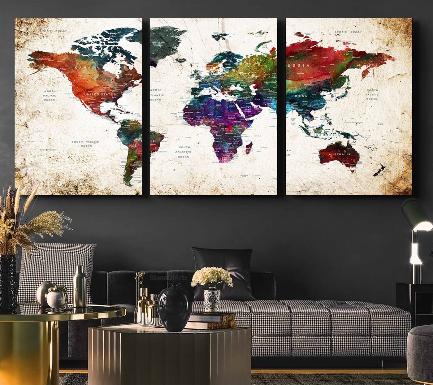 38650-MGV-CV-36X24-Framed World Map Wall Art - Elegant World Map Canvas Print for Sophisticated Home and Office