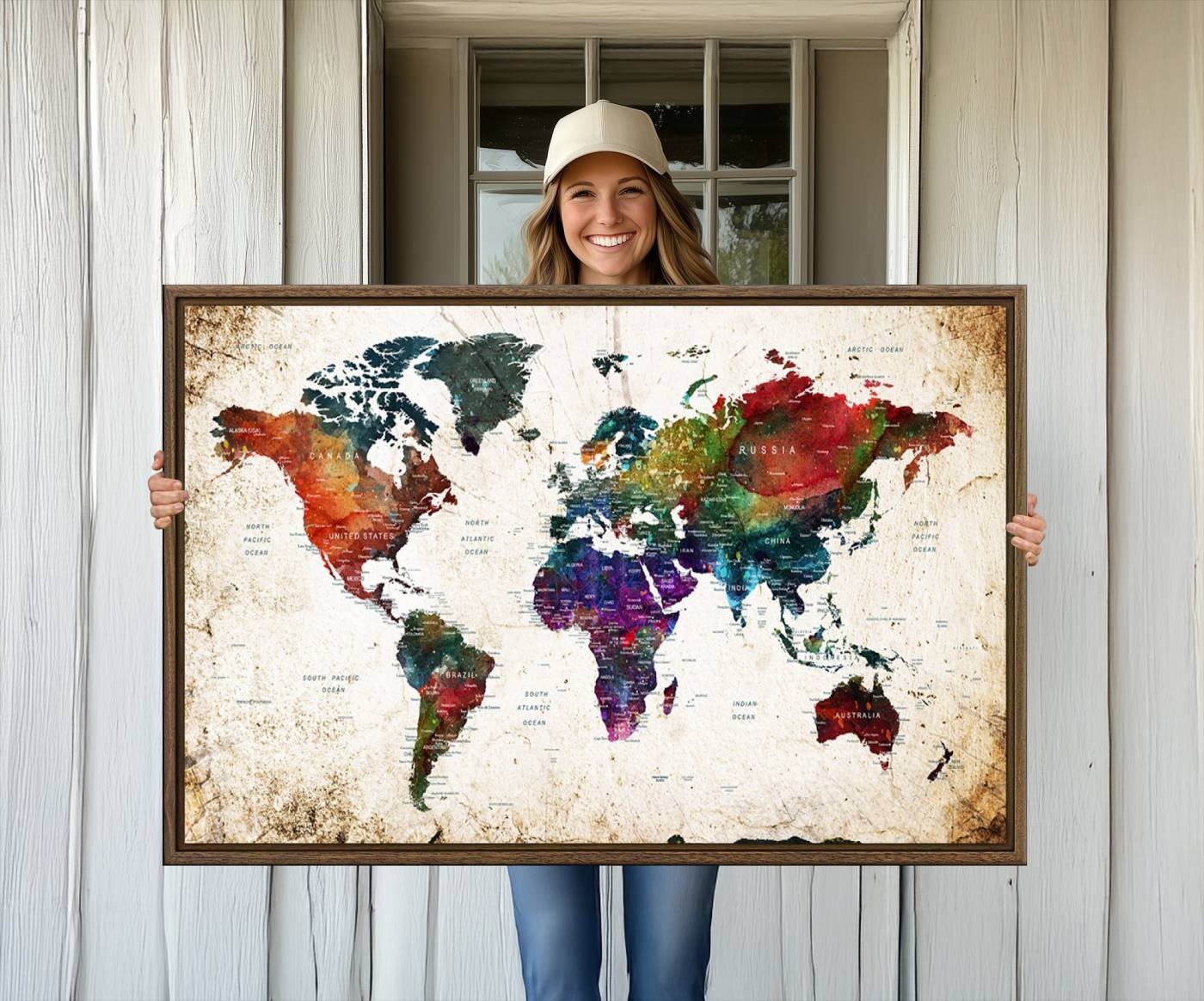 38650-MGV-CV-36X24-Framed World Map Wall Art - Elegant World Map Canvas Print for Sophisticated Home and Office