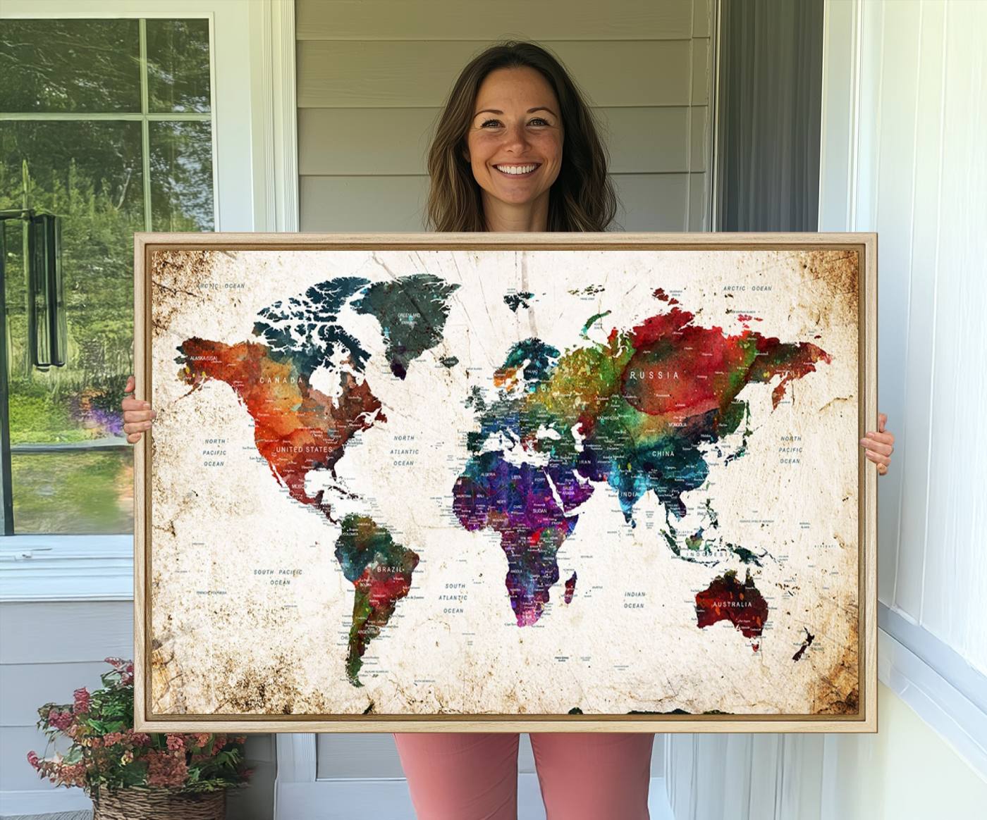 38650-MGV-CV-36X24-Framed World Map Wall Art - Elegant World Map Canvas Print for Sophisticated Home and Office