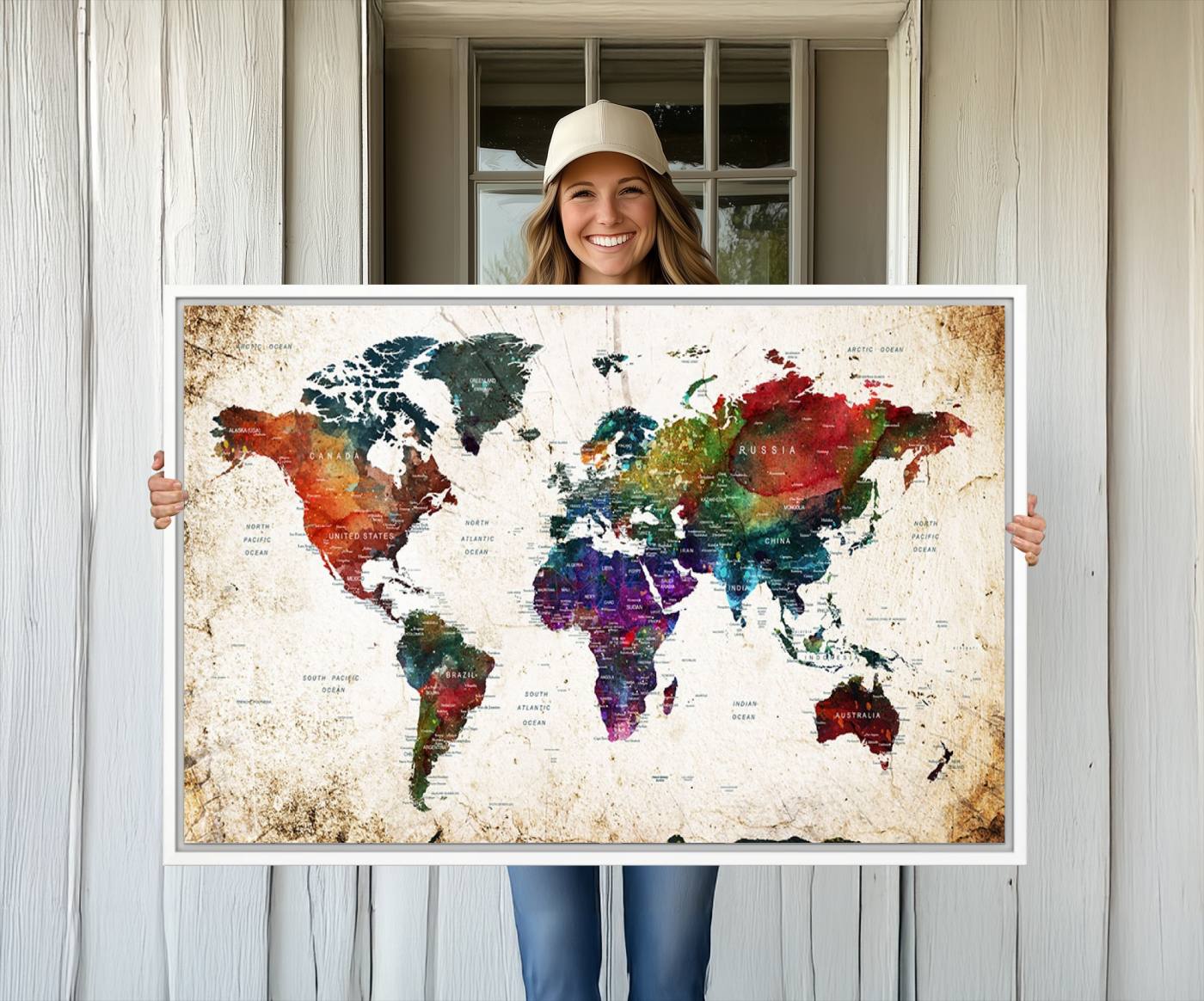 38650-MGV-CV-36X24-Framed World Map Wall Art - Elegant World Map Canvas Print for Sophisticated Home and Office