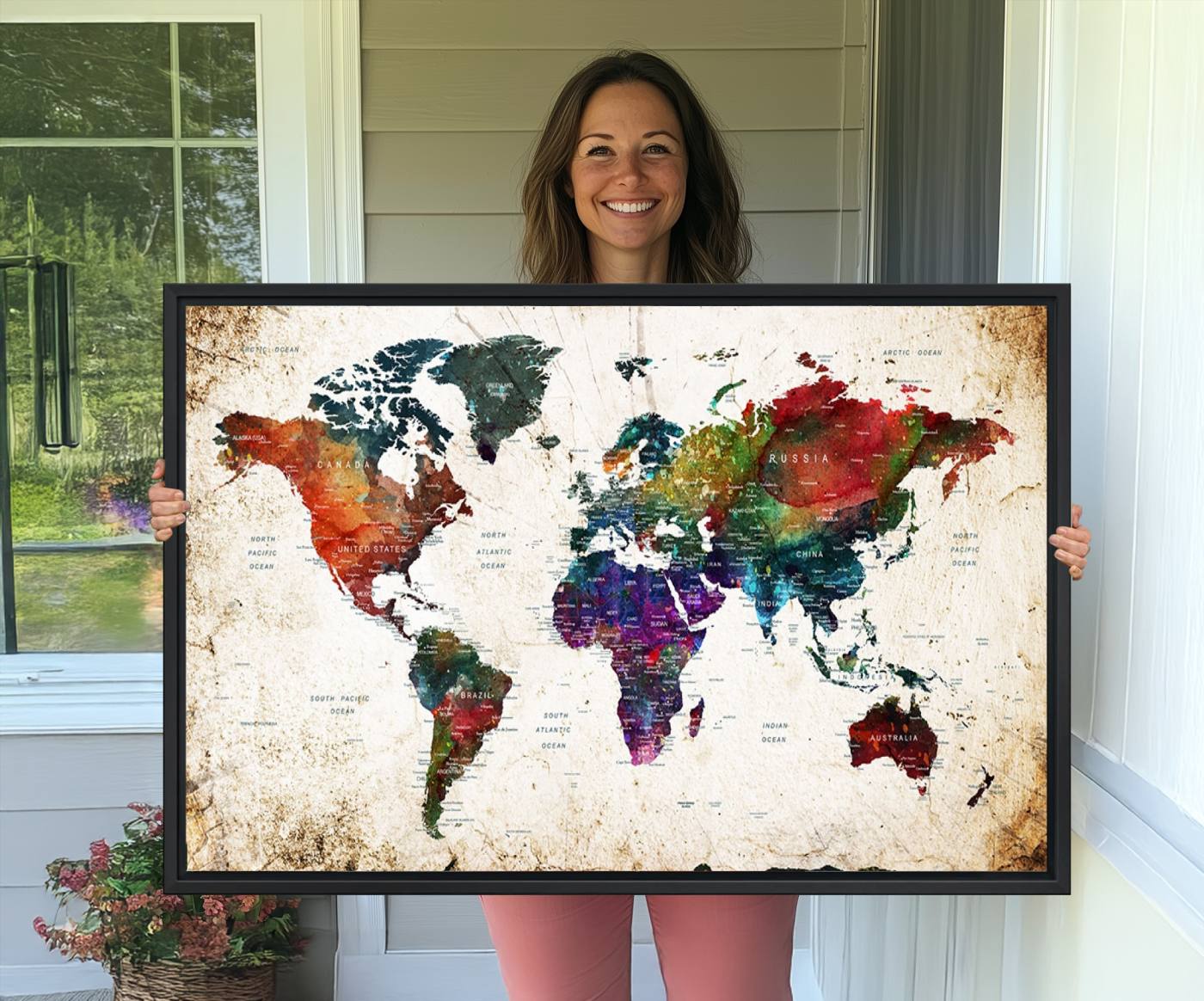 38650-MGV-CV-36X24-Framed World Map Wall Art - Elegant World Map Canvas Print for Sophisticated Home and Office