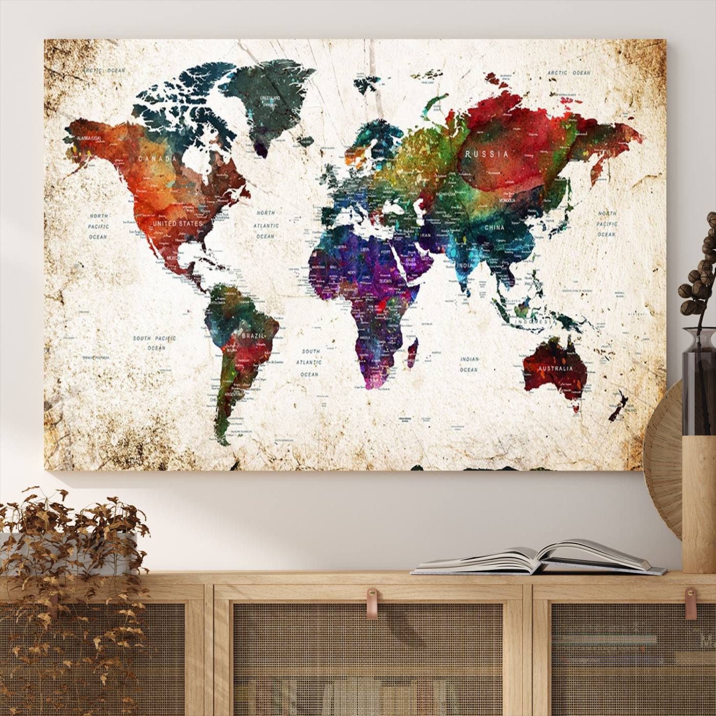 38650-MGV-CV-36X24-Framed World Map Wall Art - Elegant World Map Canvas Print for Sophisticated Home and Office