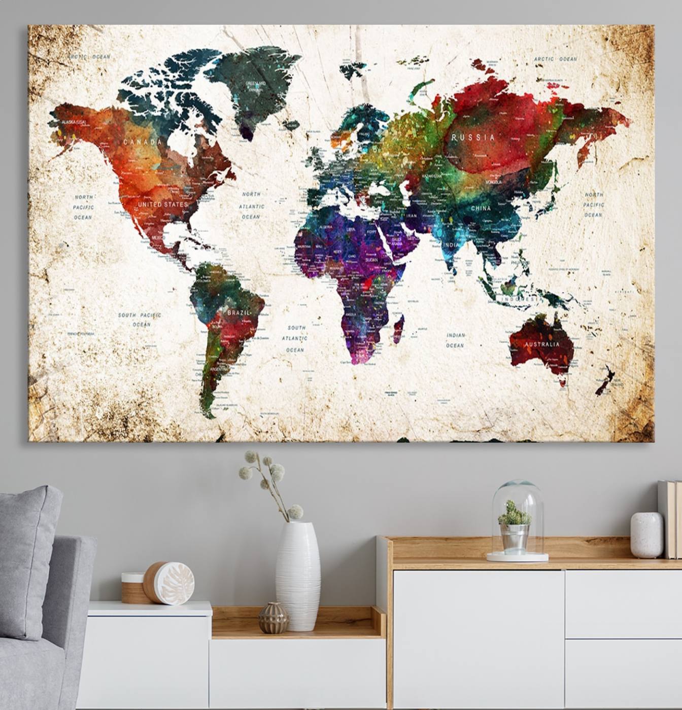 38650-MGV-CV-36X24-Framed World Map Wall Art - Elegant World Map Canvas Print for Sophisticated Home and Office
