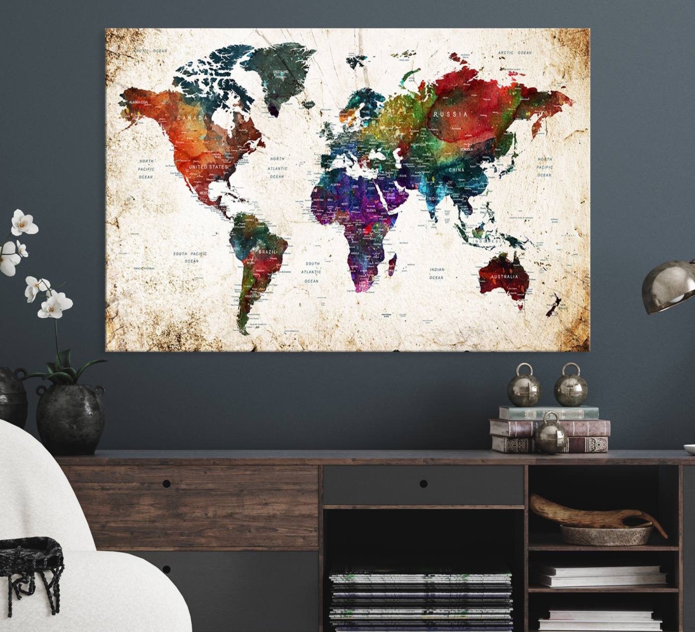 38650-MGV-CV-36X24-Framed World Map Wall Art - Elegant World Map Canvas Print for Sophisticated Home and Office