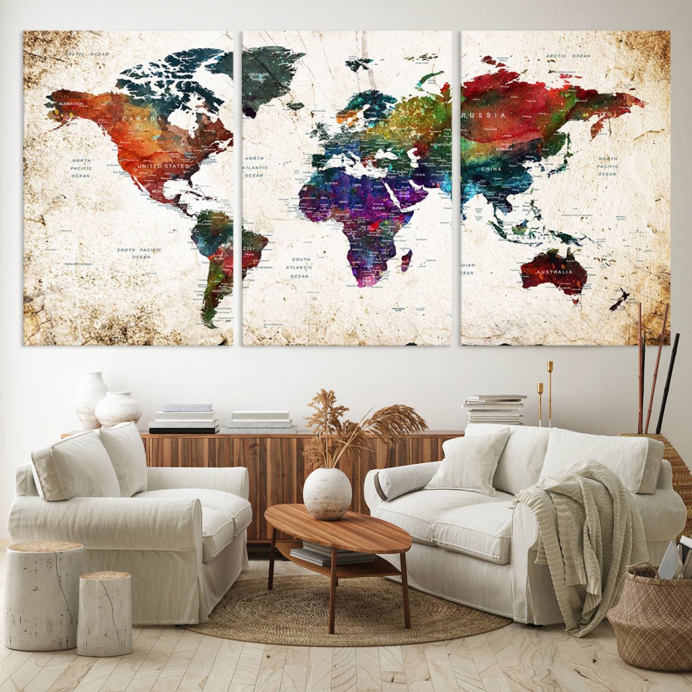 38650-MGV-CV-60X30-3P-Framed World Map Wall Art - Elegant World Map Canvas Print for Sophisticated Home and Office