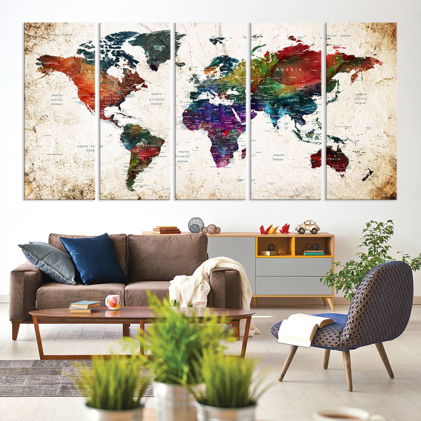 38650-MGV-CV-60X31-5P-Framed World Map Wall Art - Elegant World Map Canvas Print for Sophisticated Home and Office