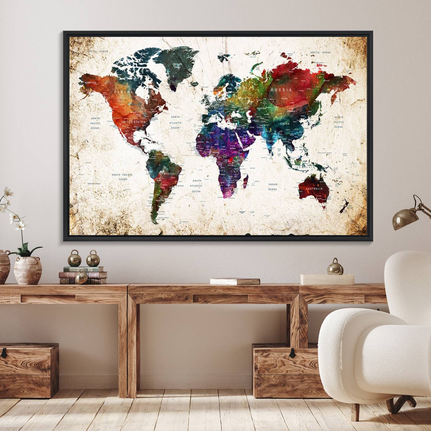 38650-MGV-FC-36X24_Black-Framed World Map Wall Art - Elegant World Map Canvas Print for Sophisticated Home and Office