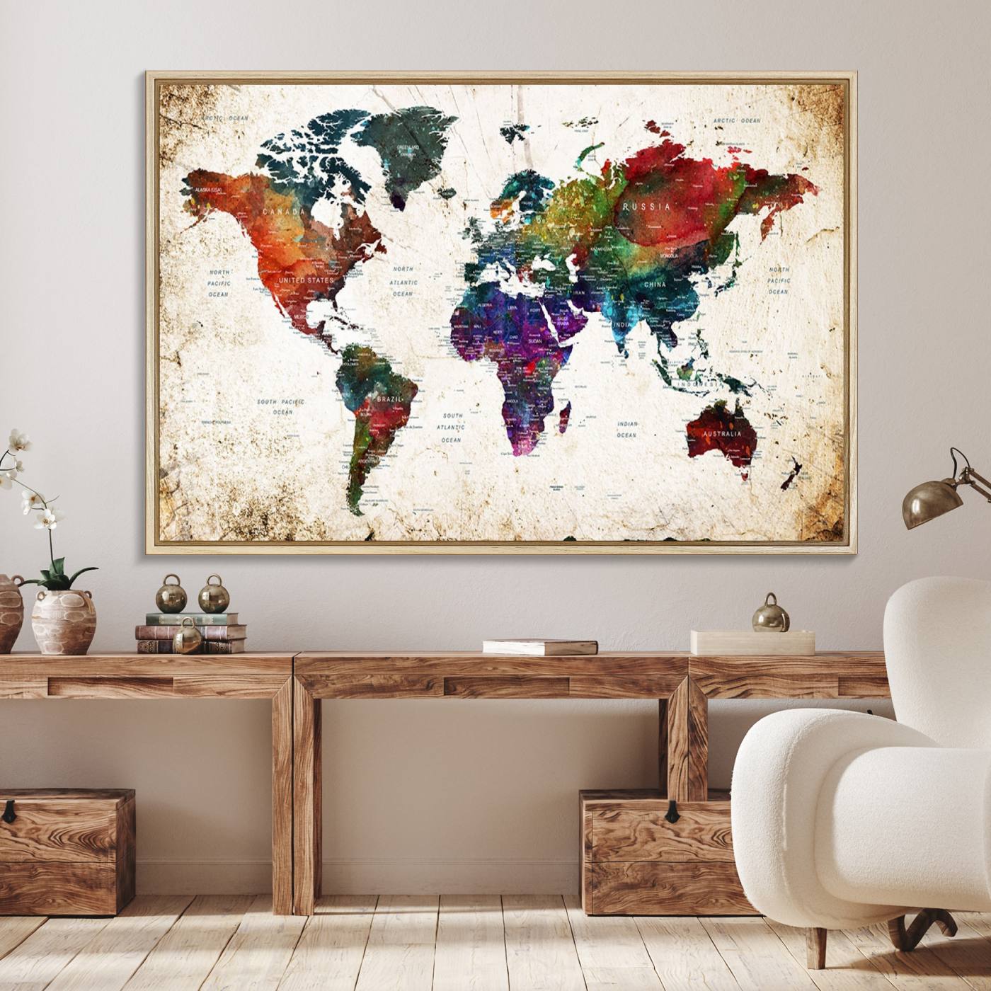 38650-MGV-FC-36X24_Natural-Framed World Map Wall Art - Elegant World Map Canvas Print for Sophisticated Home and Office