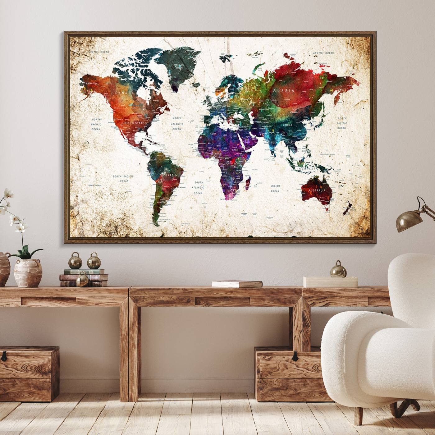 38650-MGV-FC-36X24_Walnut-Framed World Map Wall Art - Elegant World Map Canvas Print for Sophisticated Home and Office