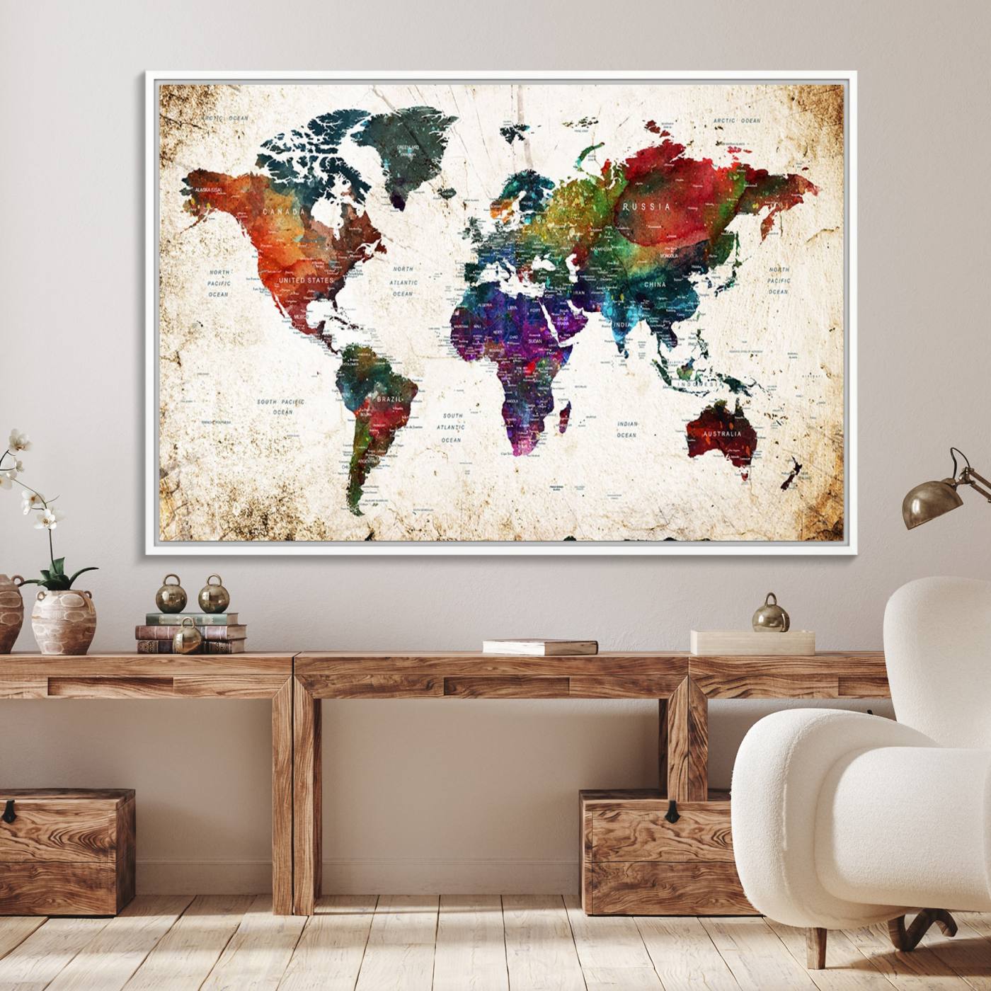 38650-MGV-FC-36X24_White-Framed World Map Wall Art - Elegant World Map Canvas Print for Sophisticated Home and Office