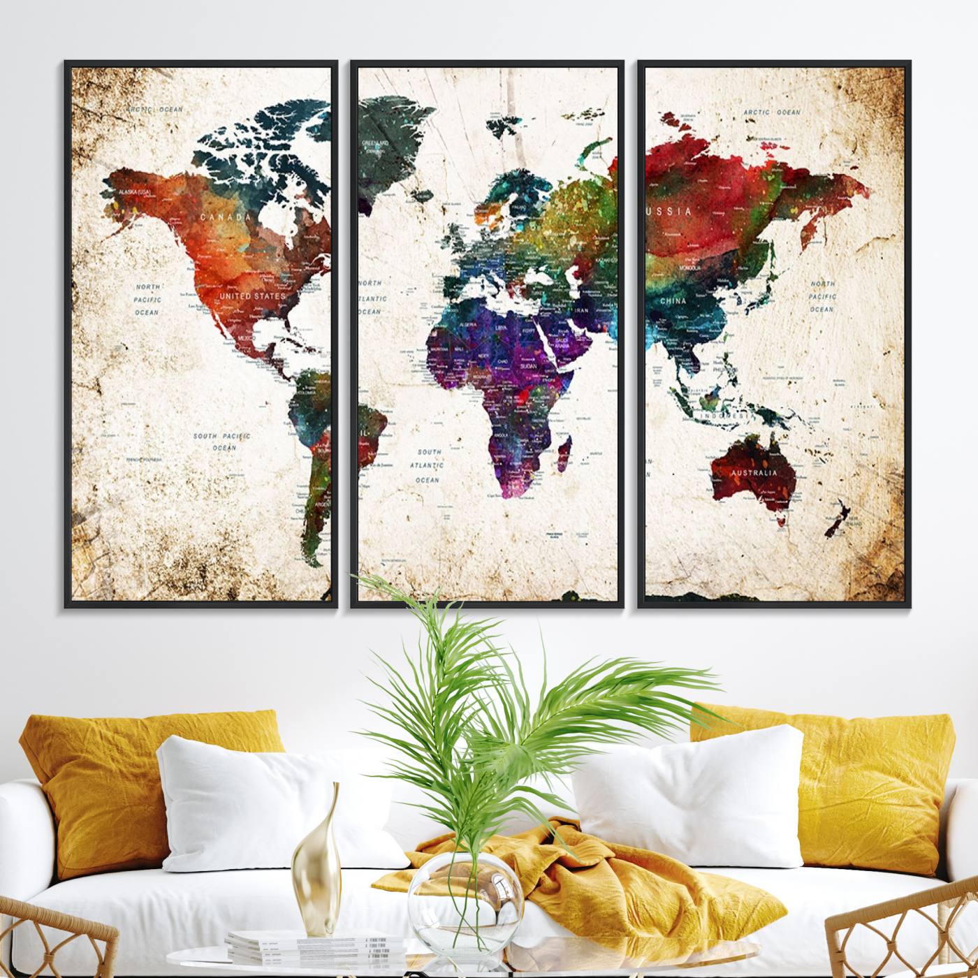 38650-MGV-FC-48X32-3P_Black-Framed World Map Wall Art - Elegant World Map Canvas Print for Sophisticated Home and Office