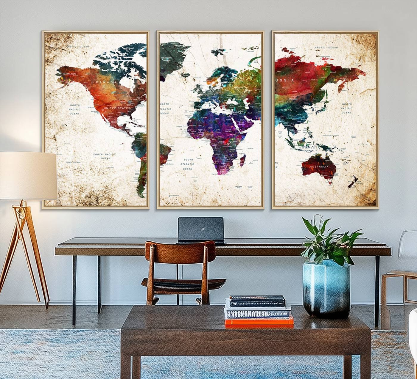 38650-MGV-FC-48X32-3P_Natural-Framed World Map Wall Art - Elegant World Map Canvas Print for Sophisticated Home and Office