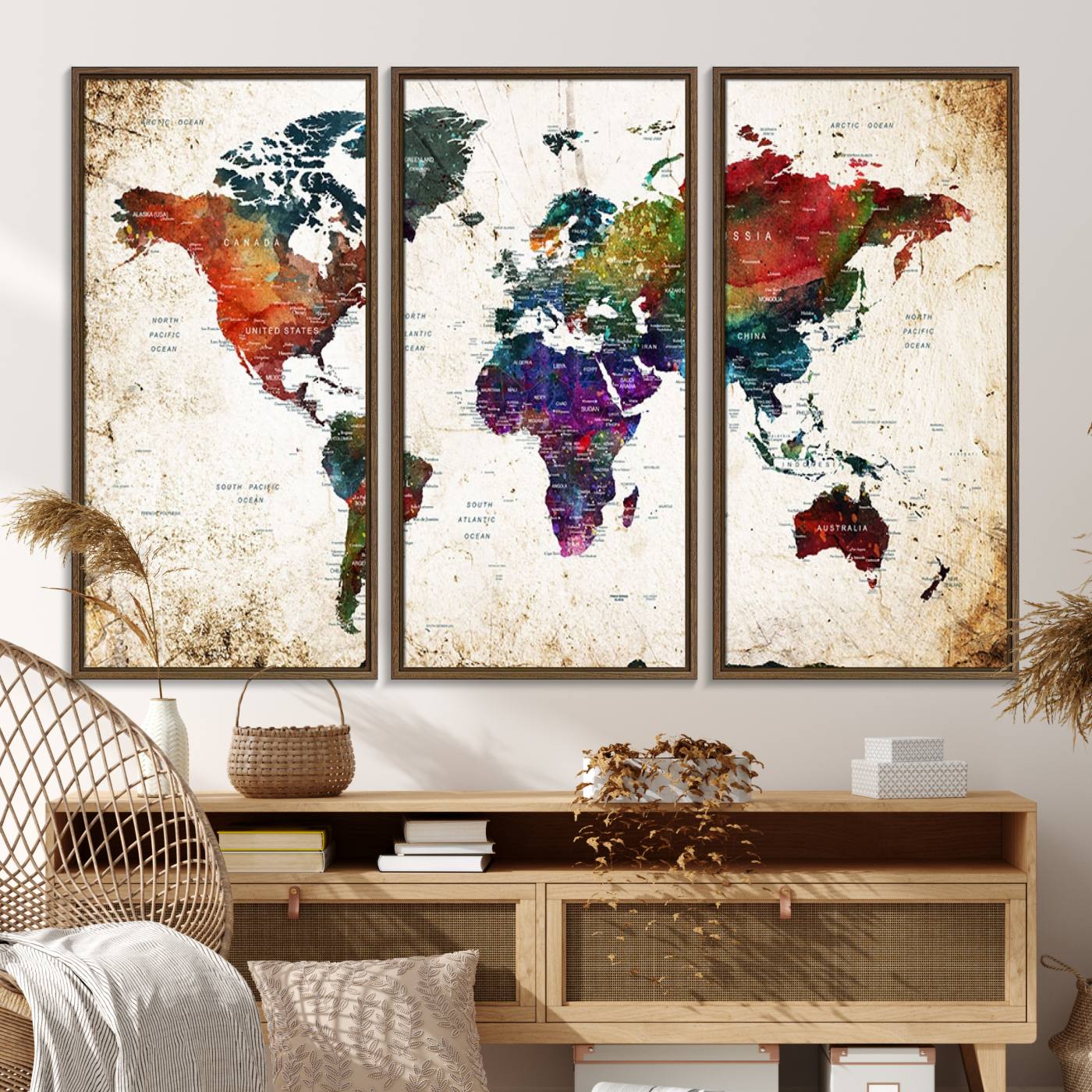 38650-MGV-FC-48X32-3P_Walnut-Framed World Map Wall Art - Elegant World Map Canvas Print for Sophisticated Home and Office