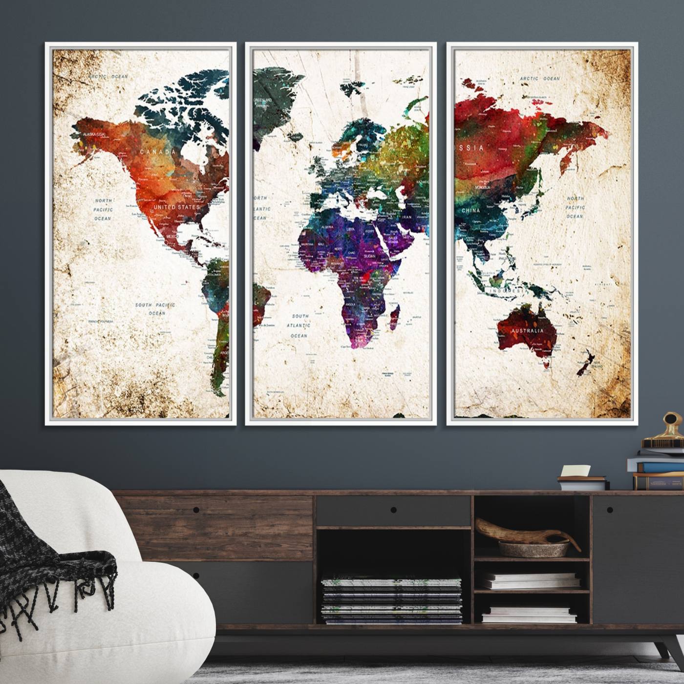38650-MGV-FC-48X32-3P_White-Framed World Map Wall Art - Elegant World Map Canvas Print for Sophisticated Home and Office