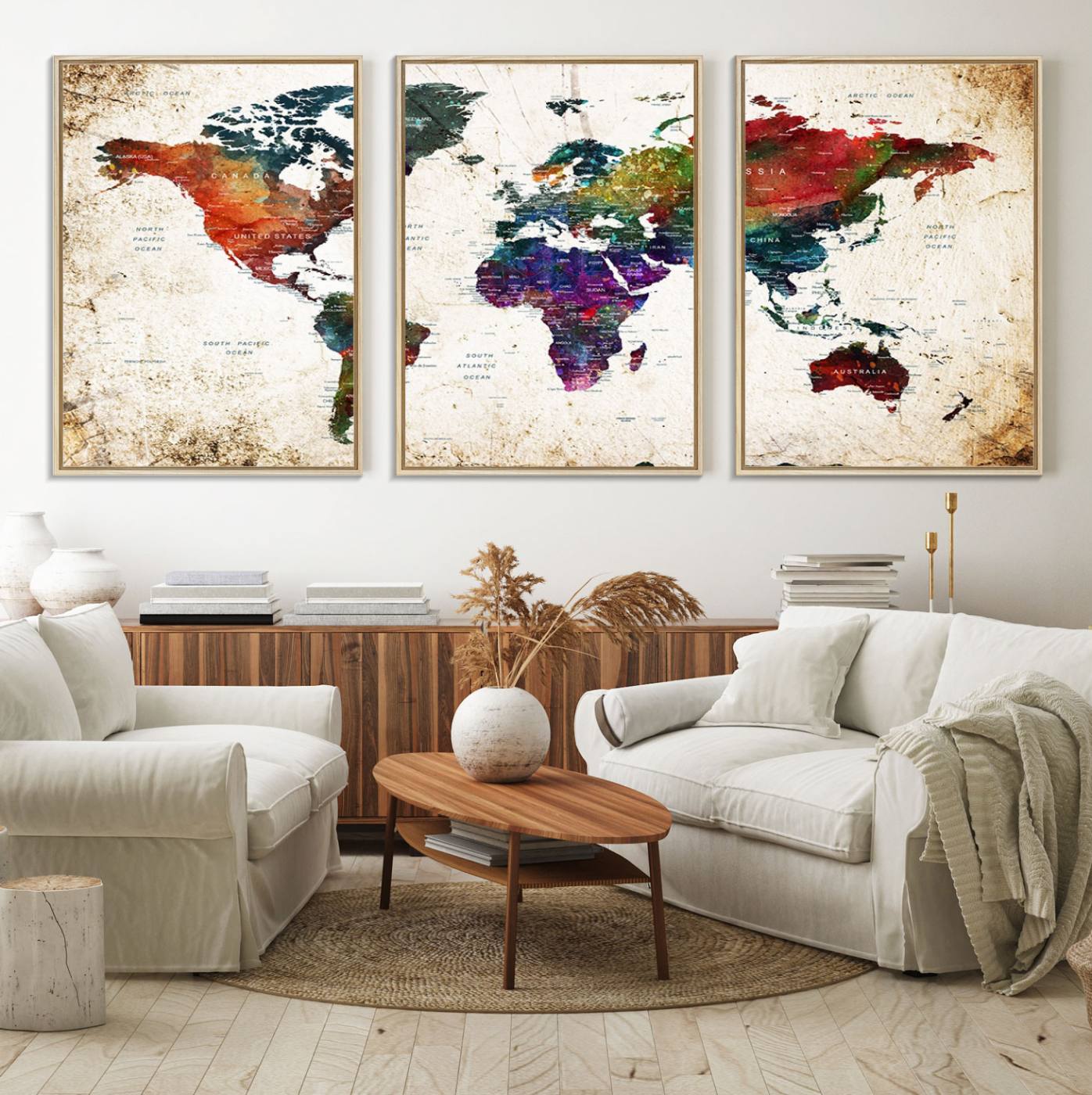 38650-MGV-FC-60X30-3P_Natural-Framed World Map Wall Art - Elegant World Map Canvas Print for Sophisticated Home and Office