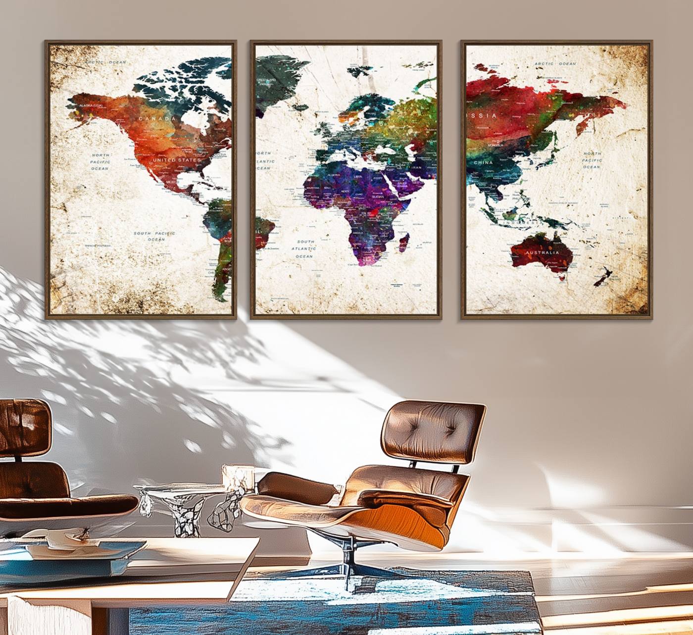 38650-MGV-FC-60X30-3P_Walnut-Framed World Map Wall Art - Elegant World Map Canvas Print for Sophisticated Home and Office