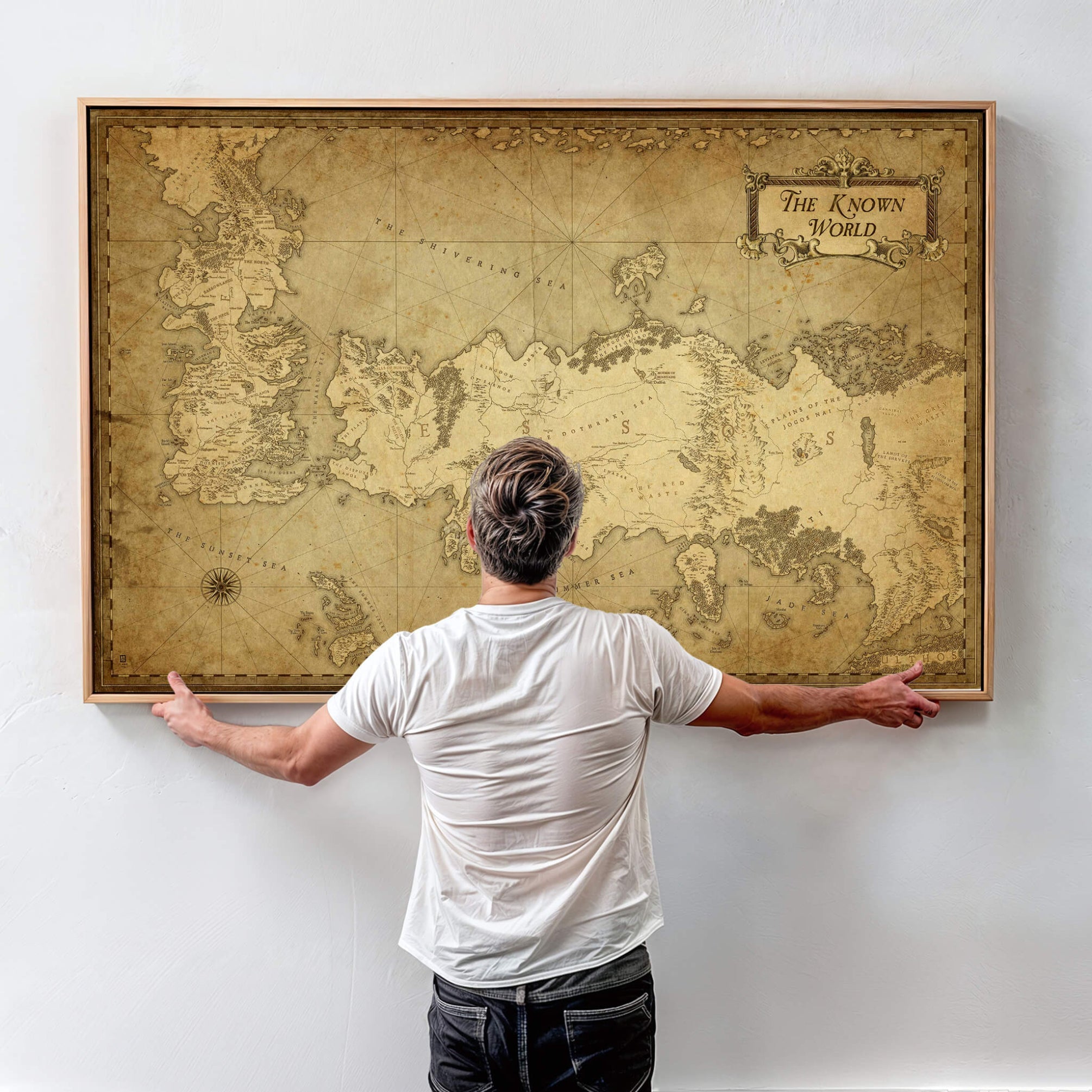 84658-MGV-CV-36X24-Vintage Game of Thrones Map Wall Art | Westeros and Essos Antique Style Print | The Known World in Triptych Canvas | Giclee Canvas for