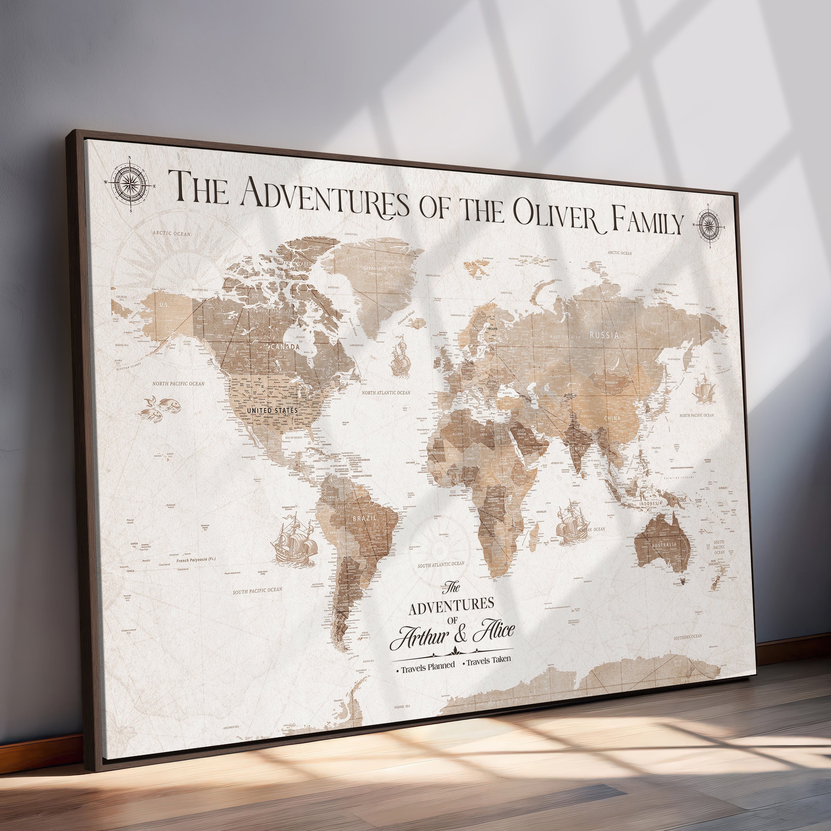'-Personalized Framed World Map Canvas Wall Art Print – Custom Push Pin Travel Tracker Lover - Custom World Map on Canvas - H24
