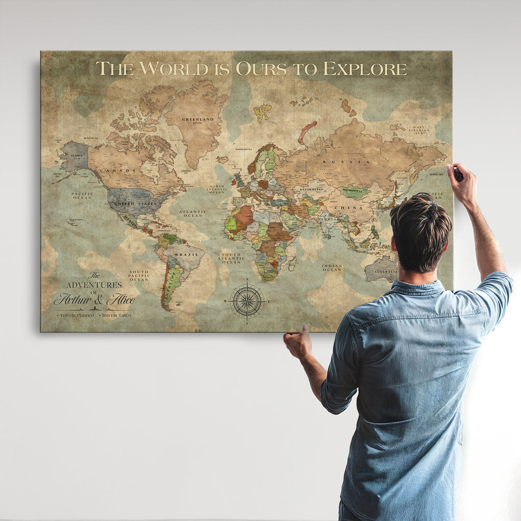 36424712-MGV-CV-36X24-Custom Push Pin World Map Print – Personalized Canvas Wall Art for Travel Memories, Framed Gift for Couples, Anniversaries, or Weddings