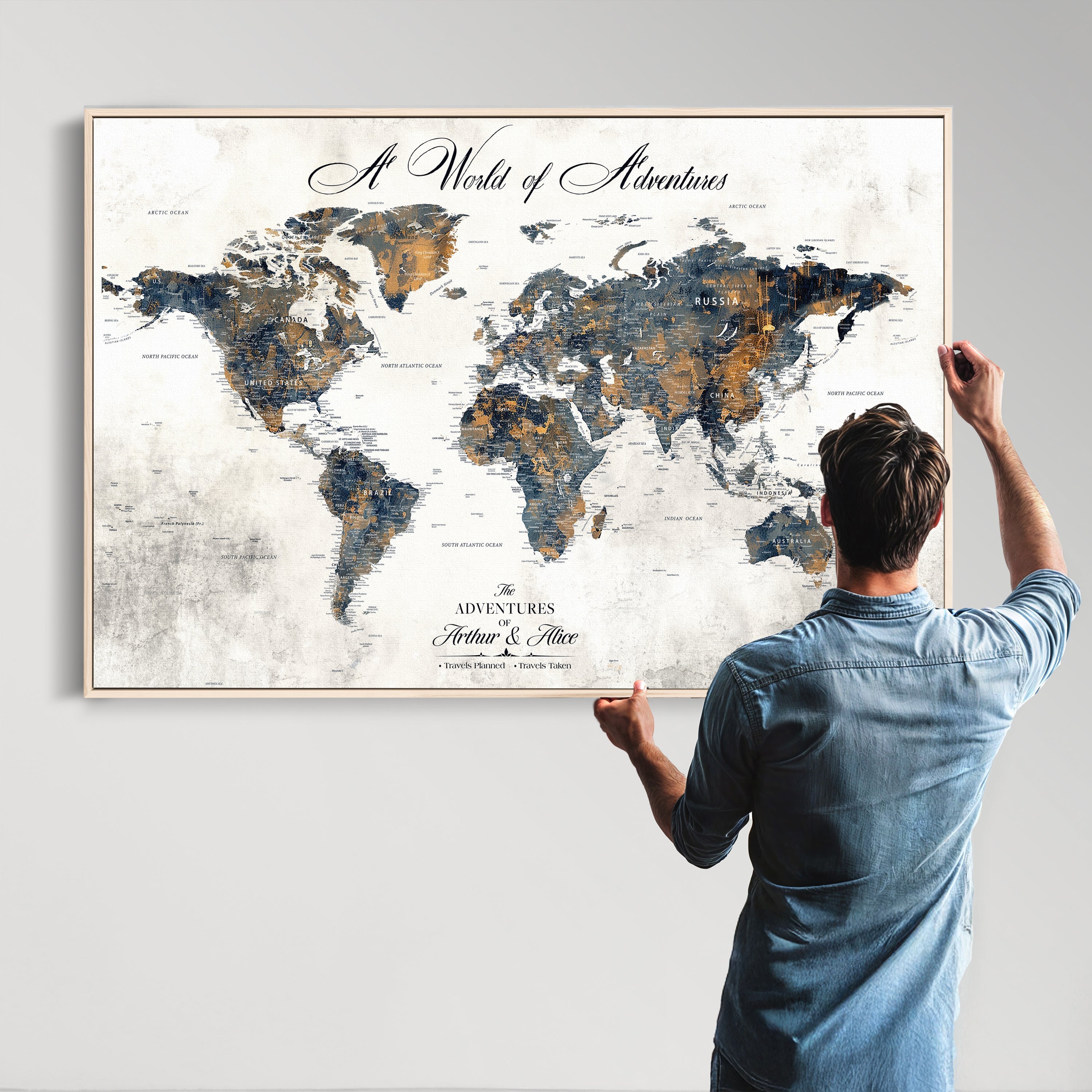 '-Personalized Push Pin World Map Wall Art, Customize Map Canvas Print, Adventure Black White Travel Decor for Couples for Anniversaries - H7