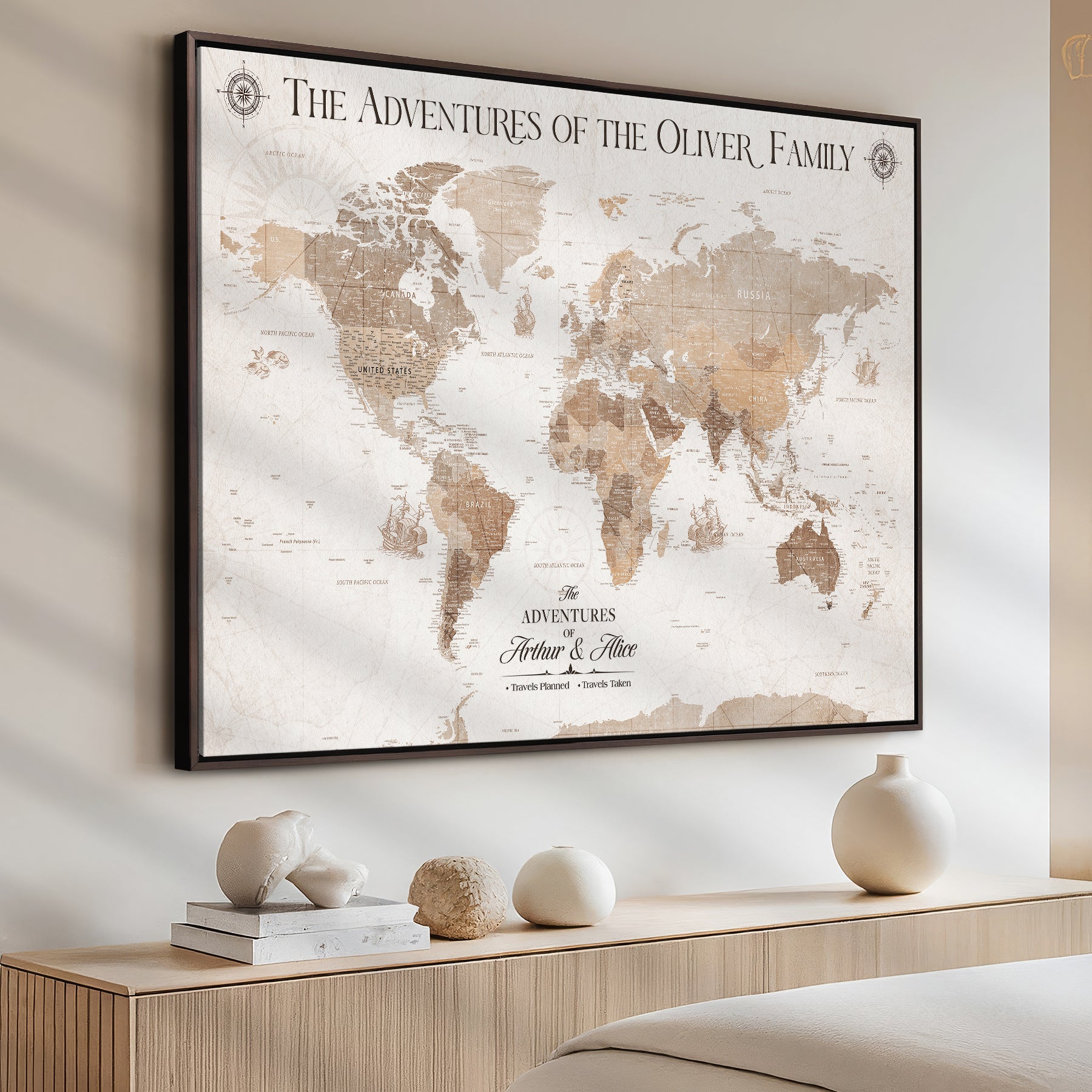 '-Personalized Framed World Map Canvas Wall Art Print – Custom Push Pin Travel Tracker Lover - Custom World Map on Canvas - H24