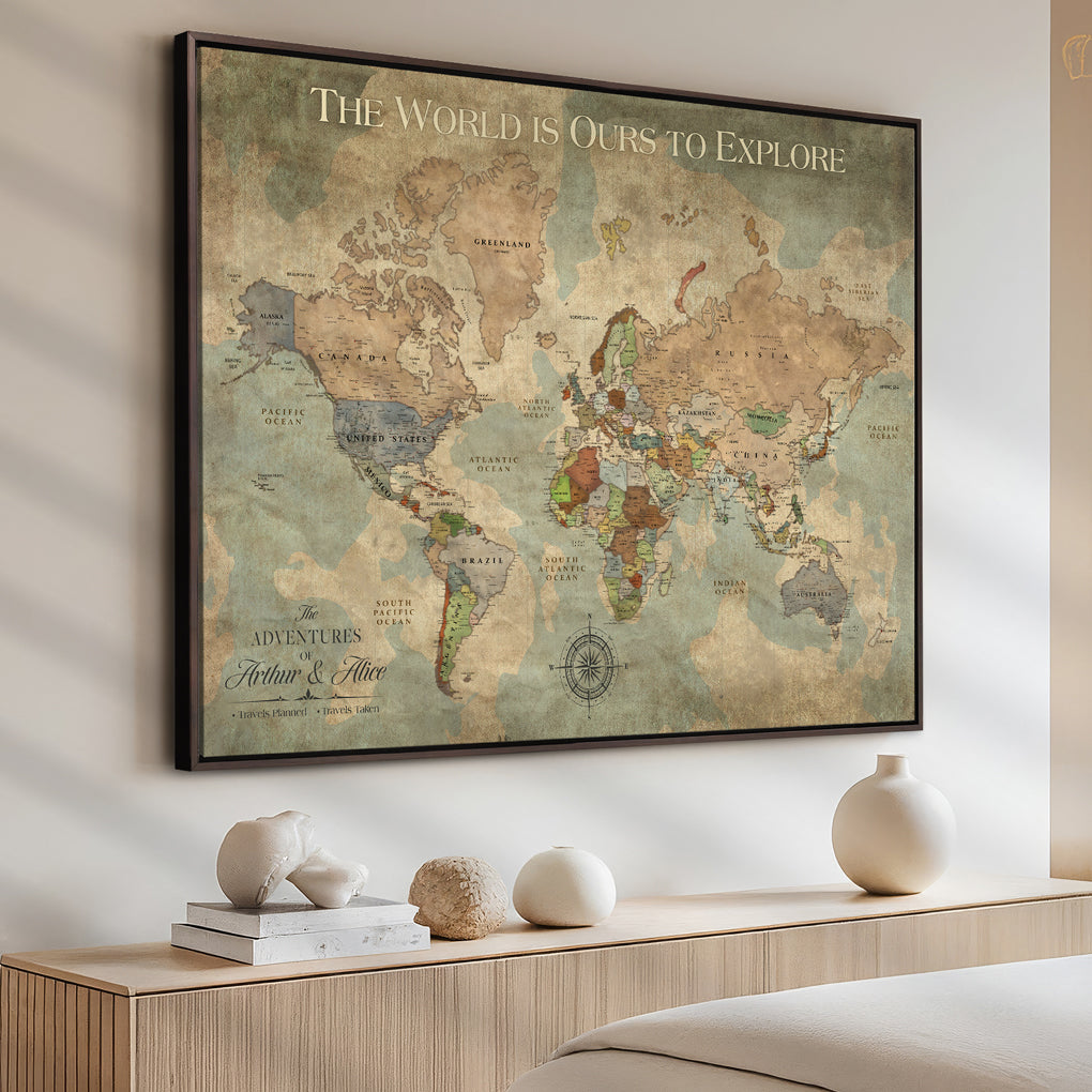 36424712-MGV-CV-36X24-Custom Push Pin World Map Print – Personalized Canvas Wall Art for Travel Memories, Framed Gift for Couples, Anniversaries, or Weddings