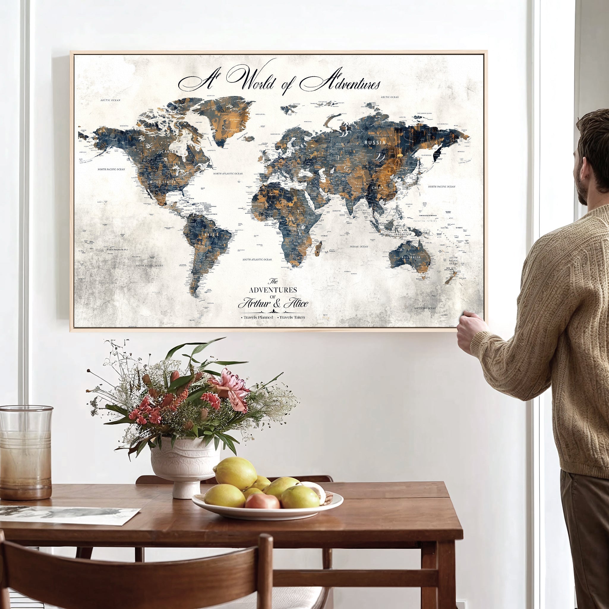 '-Personalized Push Pin World Map Wall Art, Customize Map Canvas Print, Adventure Black White Travel Decor for Couples for Anniversaries - H7