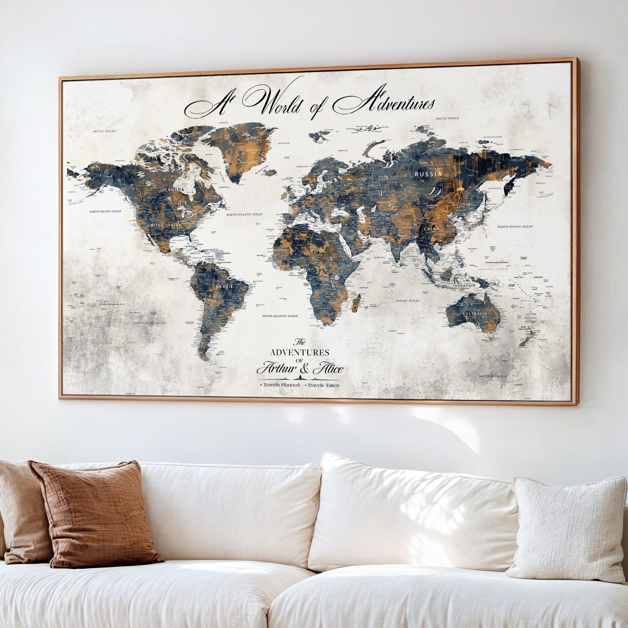 '-Personalized Push Pin World Map Wall Art, Customize Map Canvas Print, Adventure Black White Travel Decor for Couples for Anniversaries - H7