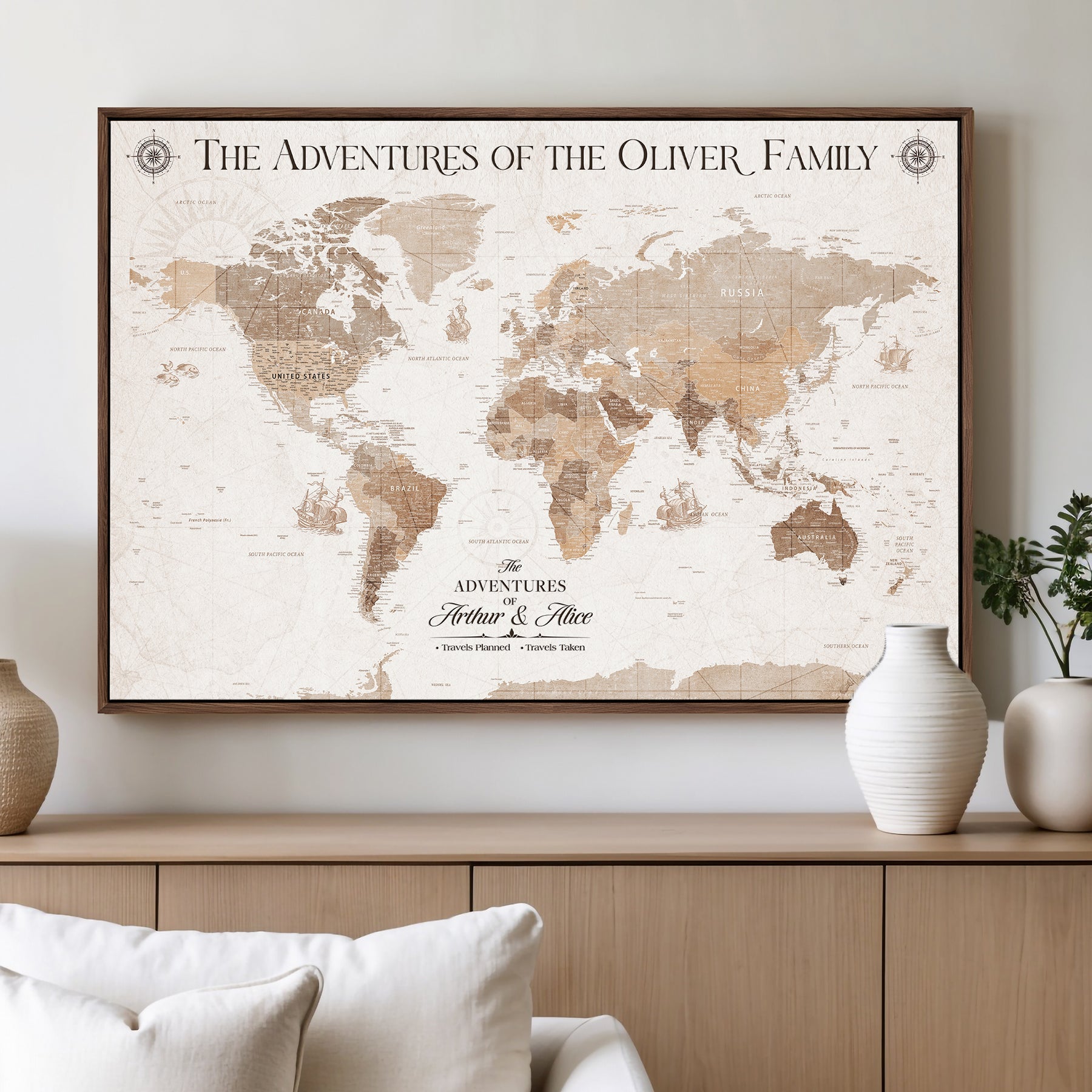 '-Personalized Framed World Map Canvas Wall Art Print – Custom Push Pin Travel Tracker Lover - Custom World Map on Canvas - H24