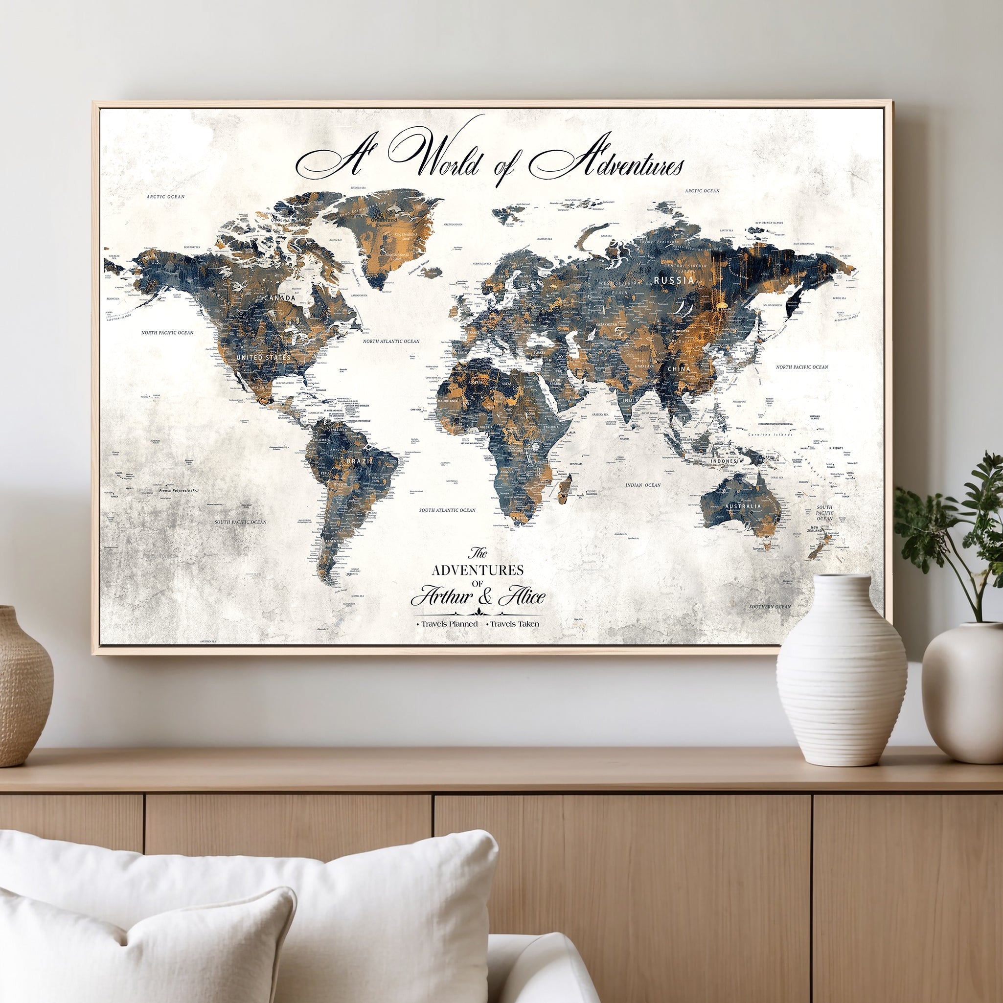 '-Personalized Push Pin World Map Wall Art, Customize Map Canvas Print, Adventure Black White Travel Decor for Couples for Anniversaries - H7