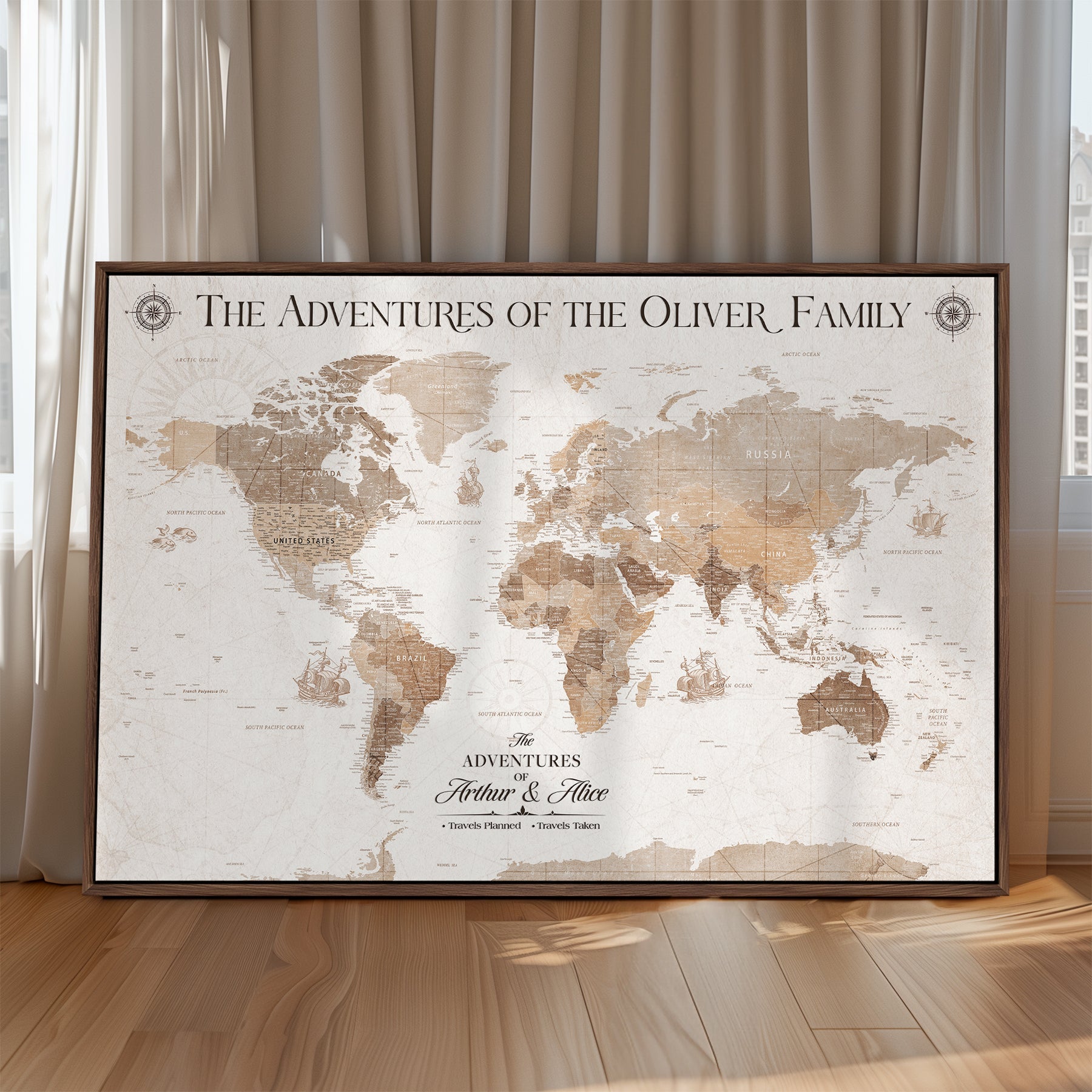 '-Personalized Framed World Map Canvas Wall Art Print – Custom Push Pin Travel Tracker Lover - Custom World Map on Canvas - H24