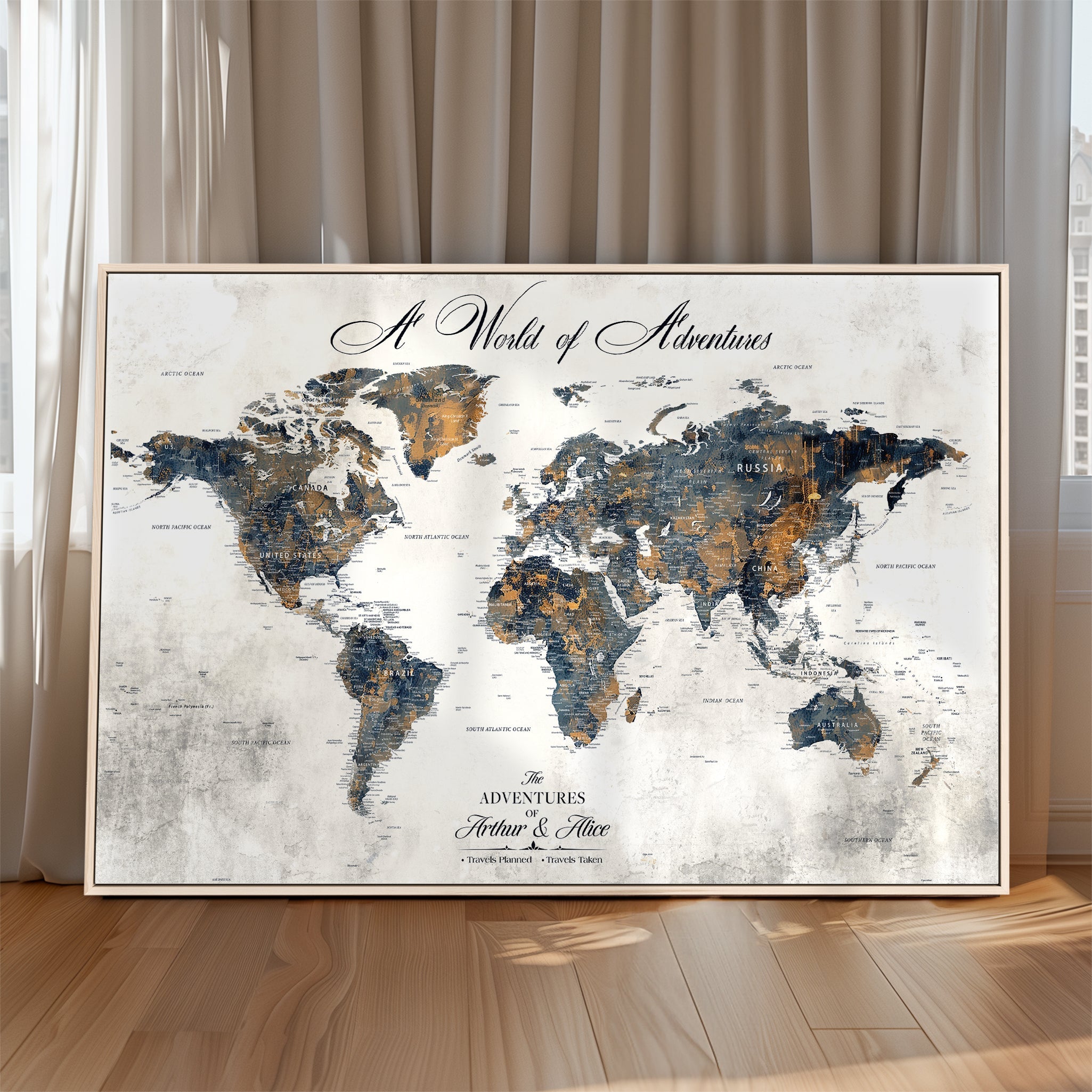 '-Personalized Push Pin World Map Wall Art, Customize Map Canvas Print, Adventure Black White Travel Decor for Couples for Anniversaries - H7