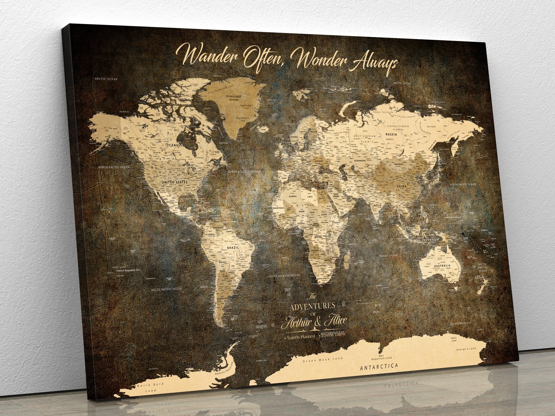 77826024S-MGV-CV-36X24-Personalized World Map Wall Art Print – Custom Push Pin Canvas Design, Framed Gift for Travel Memories, Couples or Special Occasions