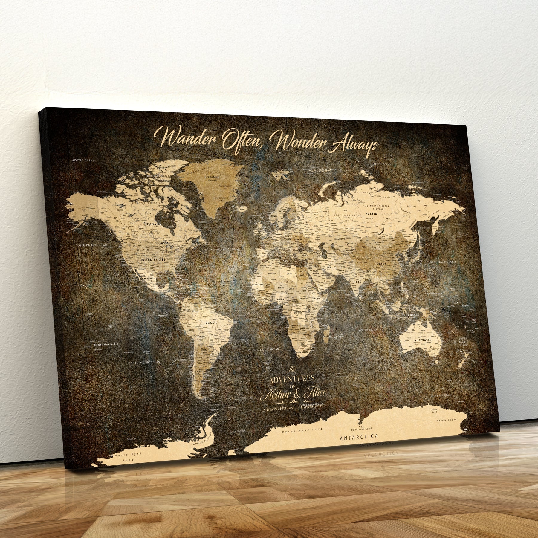 77826024S-MGV-CV-36X24-Personalized World Map Wall Art Print – Custom Push Pin Canvas Design, Framed Gift for Travel Memories, Couples or Special Occasions