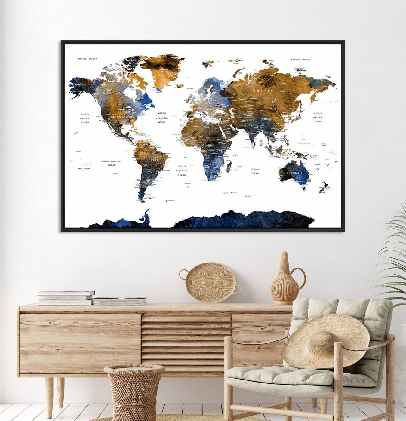 32677-MGV-CV-36X24-Modern Blue and Brown World Map Canvas Wall Art – Triptych Map Print – Global Decor for Living Room or Office – Ready to Hang