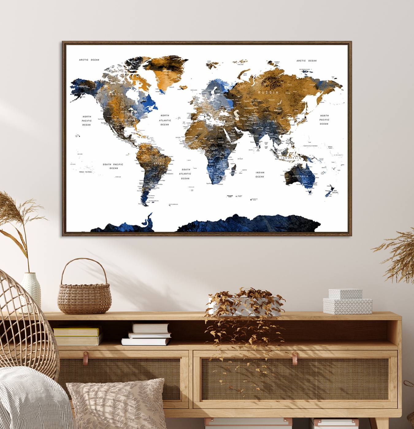 32677-MGV-CV-36X24-Modern Blue and Brown World Map Canvas Wall Art – Triptych Map Print – Global Decor for Living Room or Office – Ready to Hang