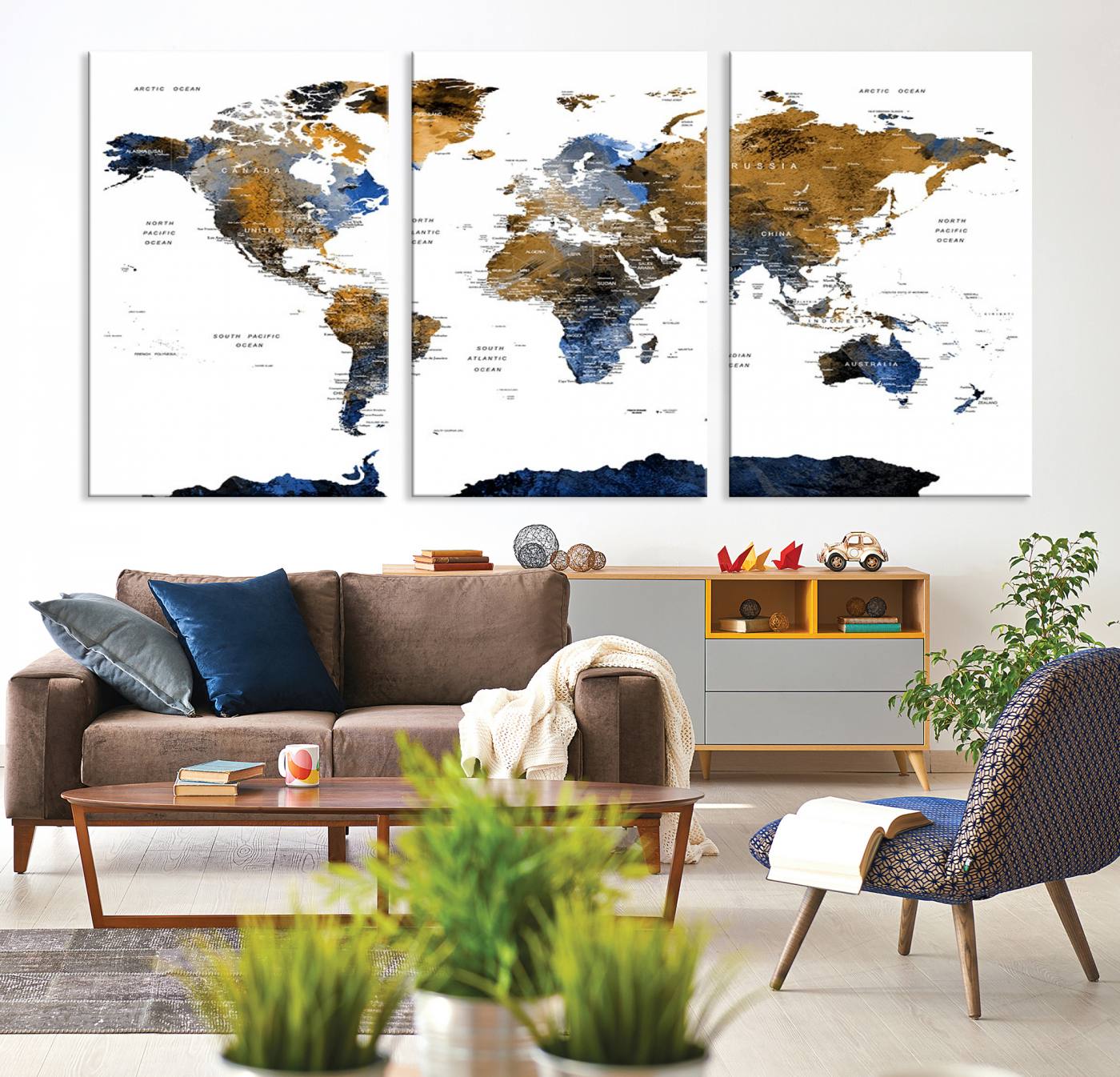 32677-MGV-CV-36X24-Modern Blue and Brown World Map Canvas Wall Art – Triptych Map Print – Global Decor for Living Room or Office – Ready to Hang