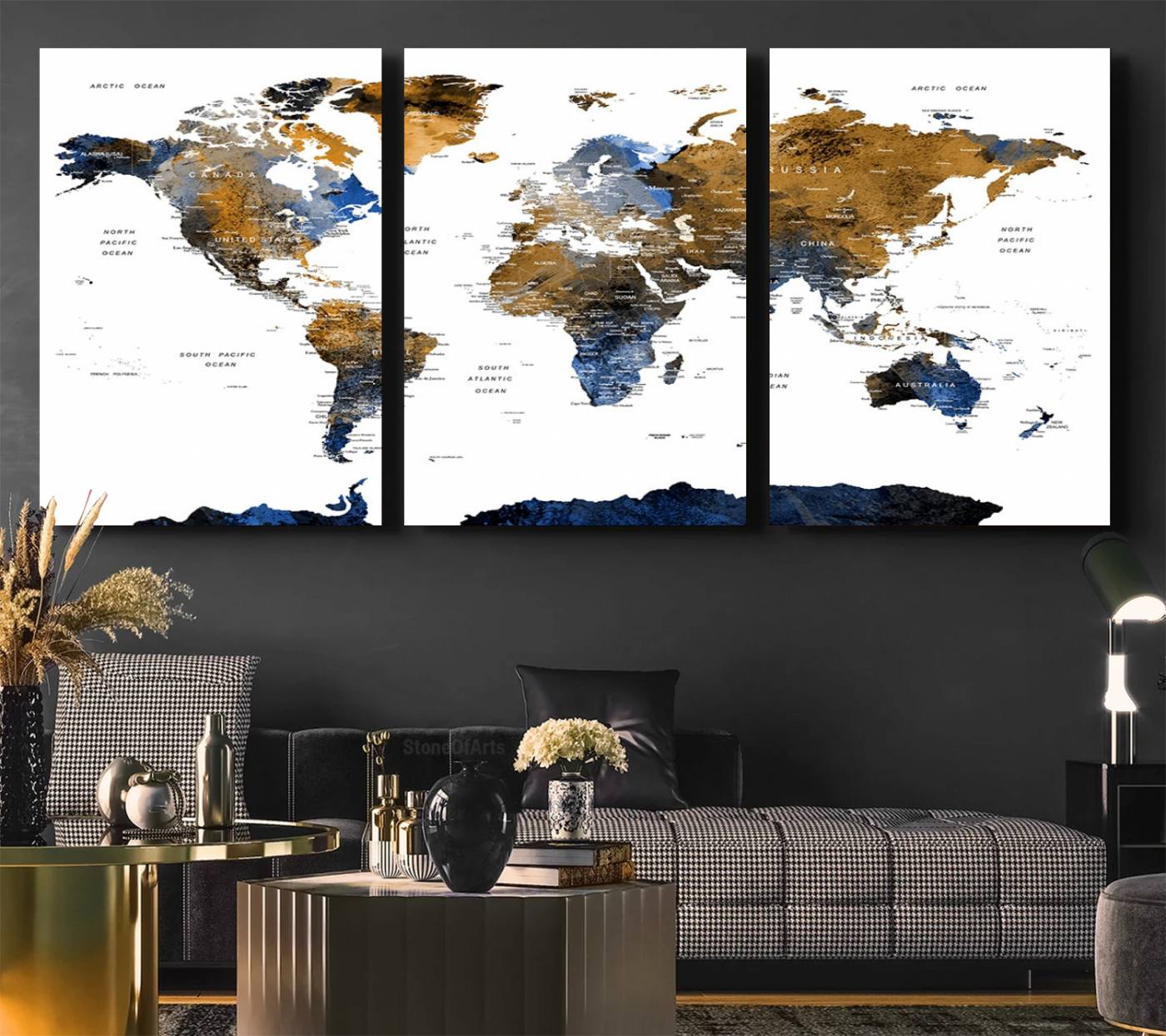 32677-MGV-CV-36X24-Modern Blue and Brown World Map Canvas Wall Art – Triptych Map Print – Global Decor for Living Room or Office – Ready to Hang