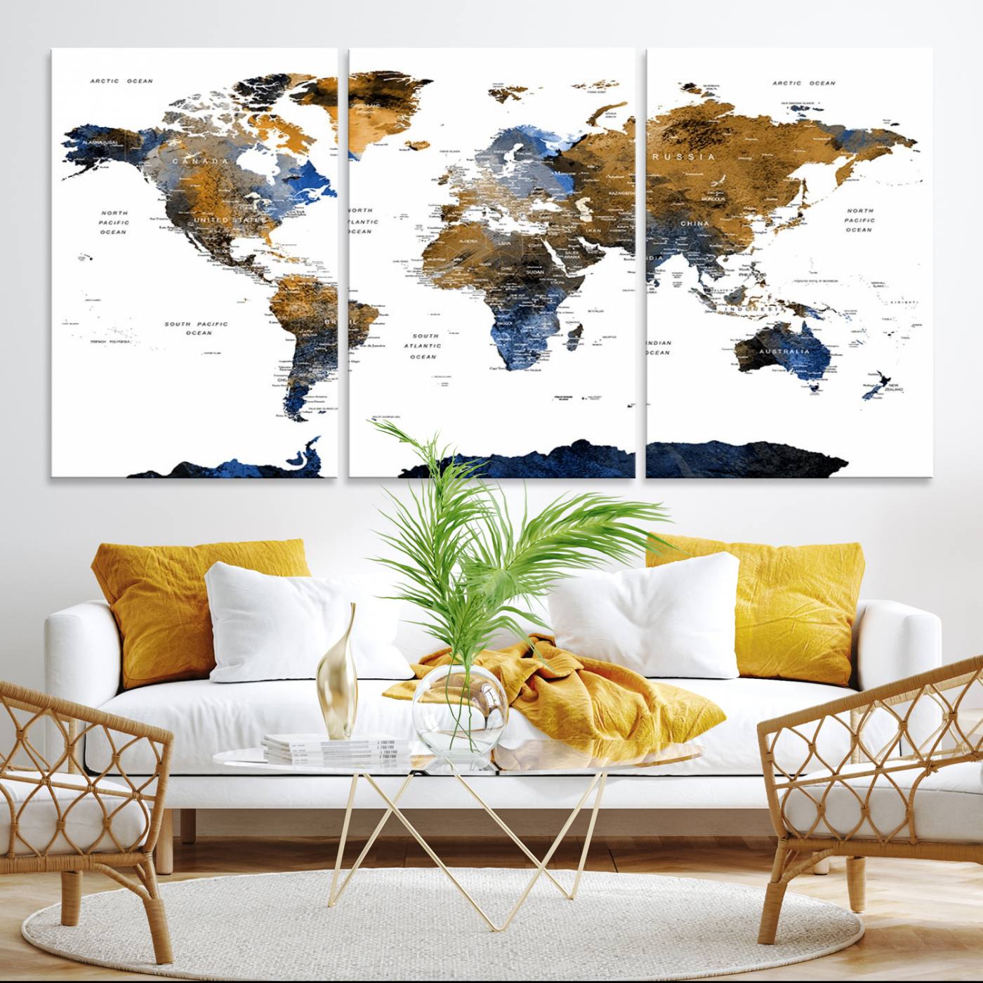 32677-MGV-CV-36X24-Modern Blue and Brown World Map Canvas Wall Art – Triptych Map Print – Global Decor for Living Room or Office – Ready to Hang