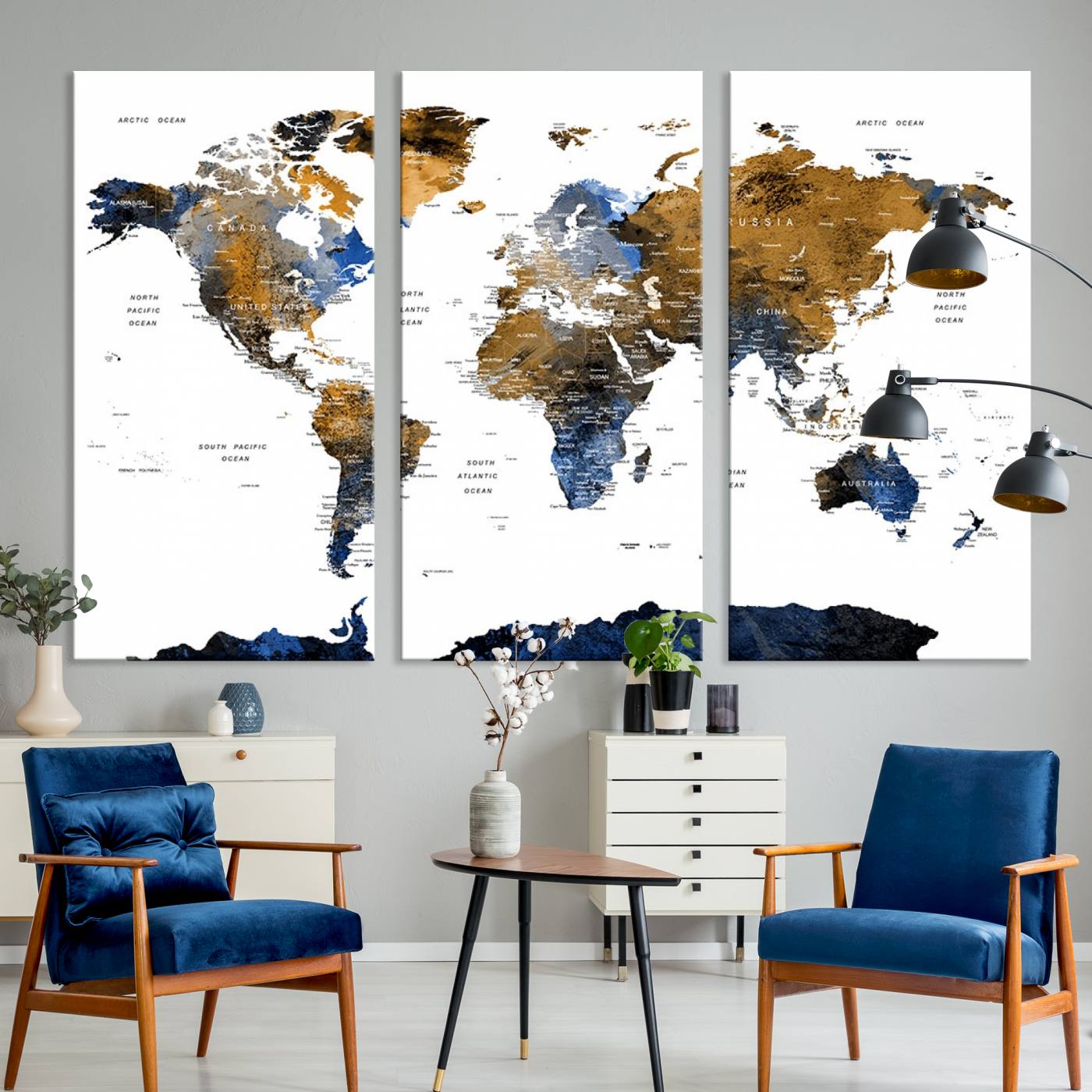 32677-MGV-CV-36X24-Modern Blue and Brown World Map Canvas Wall Art – Triptych Map Print – Global Decor for Living Room or Office – Ready to Hang
