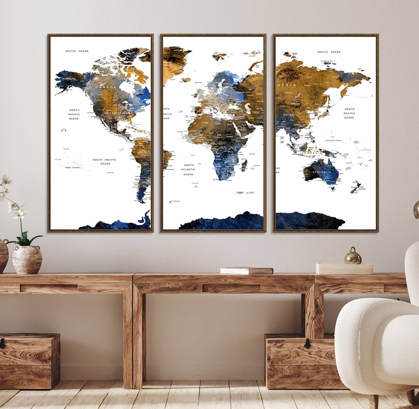 32677-MGV-CV-36X24-Modern Blue and Brown World Map Canvas Wall Art – Triptych Map Print – Global Decor for Living Room or Office – Ready to Hang