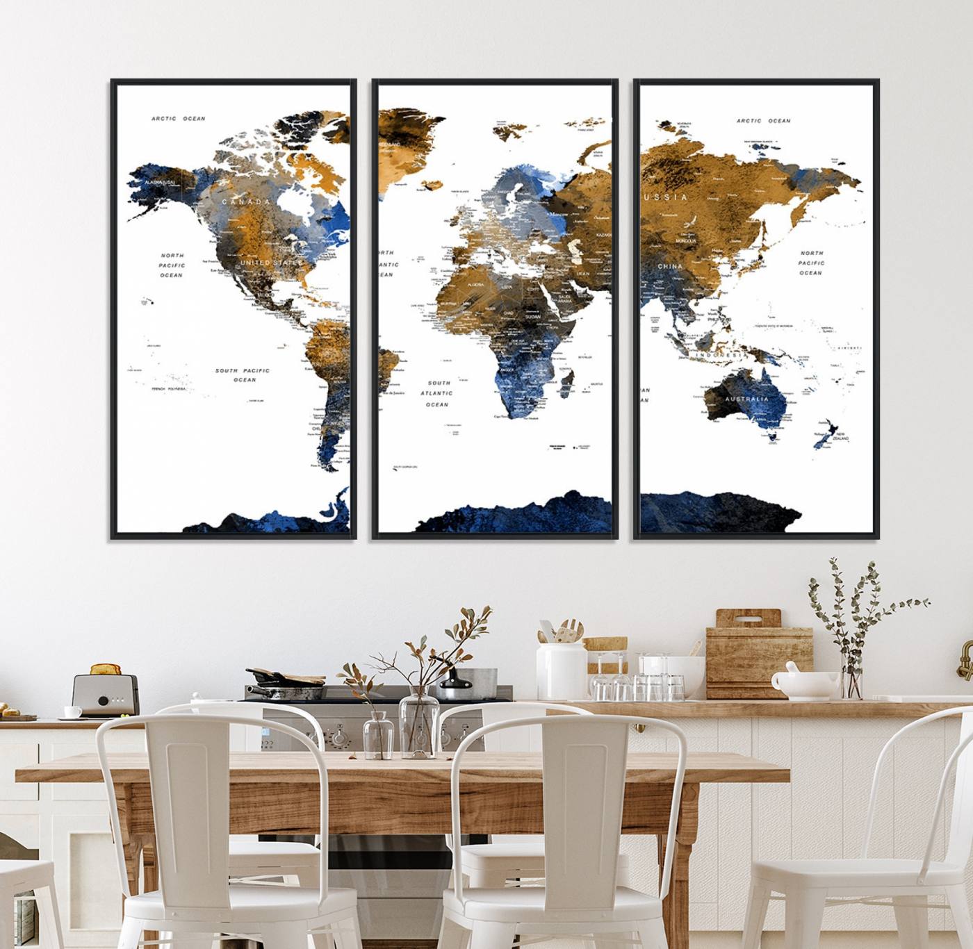 32677-MGV-CV-36X24-Modern Blue and Brown World Map Canvas Wall Art – Triptych Map Print – Global Decor for Living Room or Office – Ready to Hang