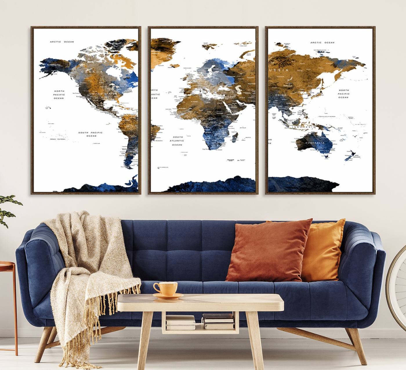 32677-MGV-CV-36X24-Modern Blue and Brown World Map Canvas Wall Art – Triptych Map Print – Global Decor for Living Room or Office – Ready to Hang