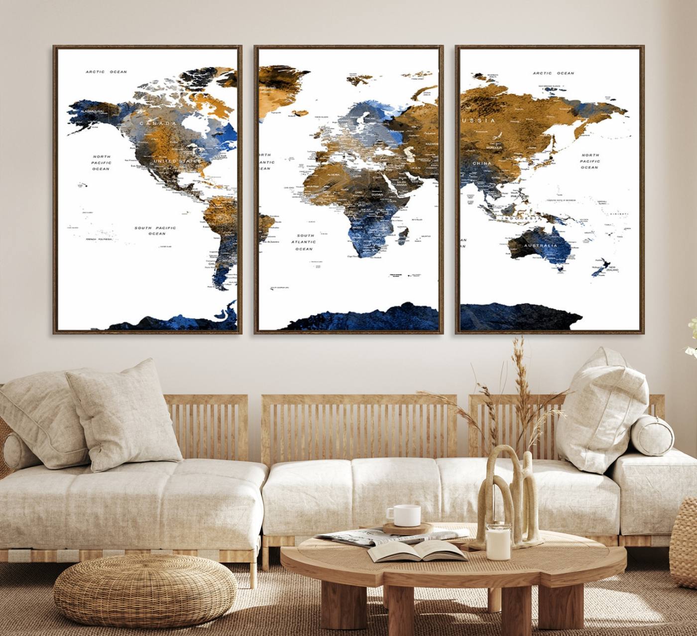 32677-MGV-CV-36X24-Modern Blue and Brown World Map Canvas Wall Art – Triptych Map Print – Global Decor for Living Room or Office – Ready to Hang