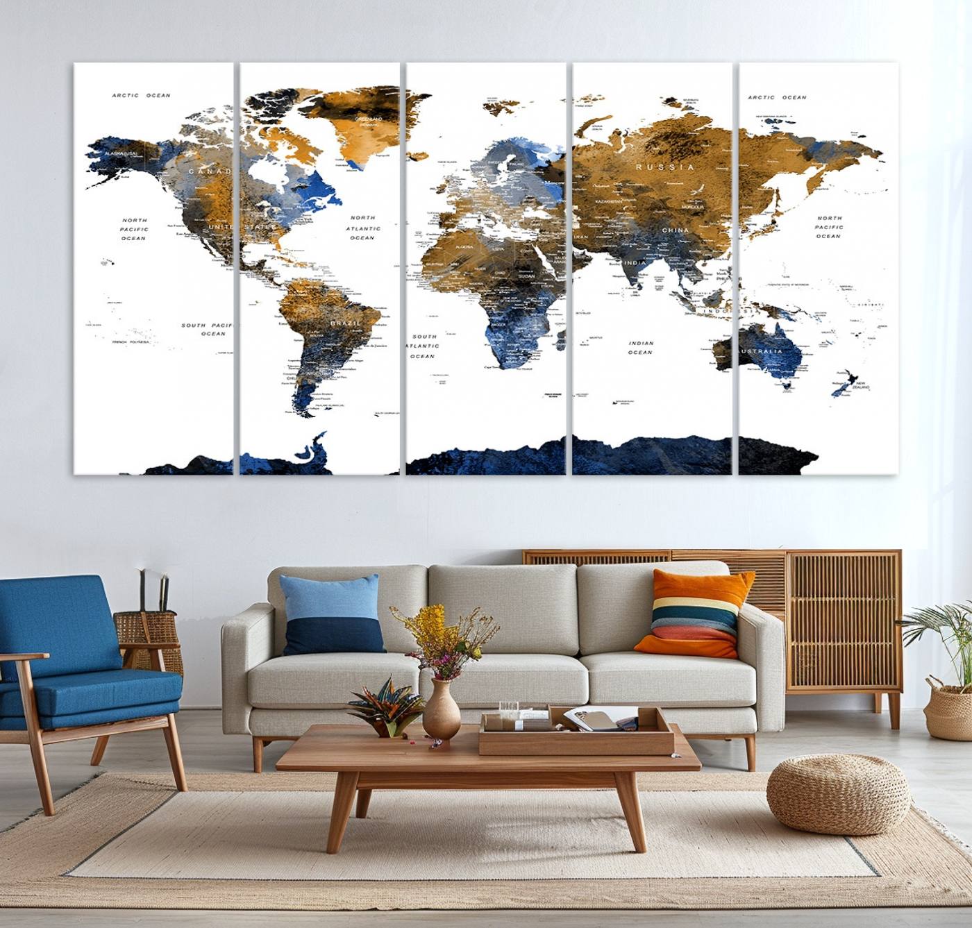 32677-MGV-CV-36X24-Modern Blue and Brown World Map Canvas Wall Art – Triptych Map Print – Global Decor for Living Room or Office – Ready to Hang