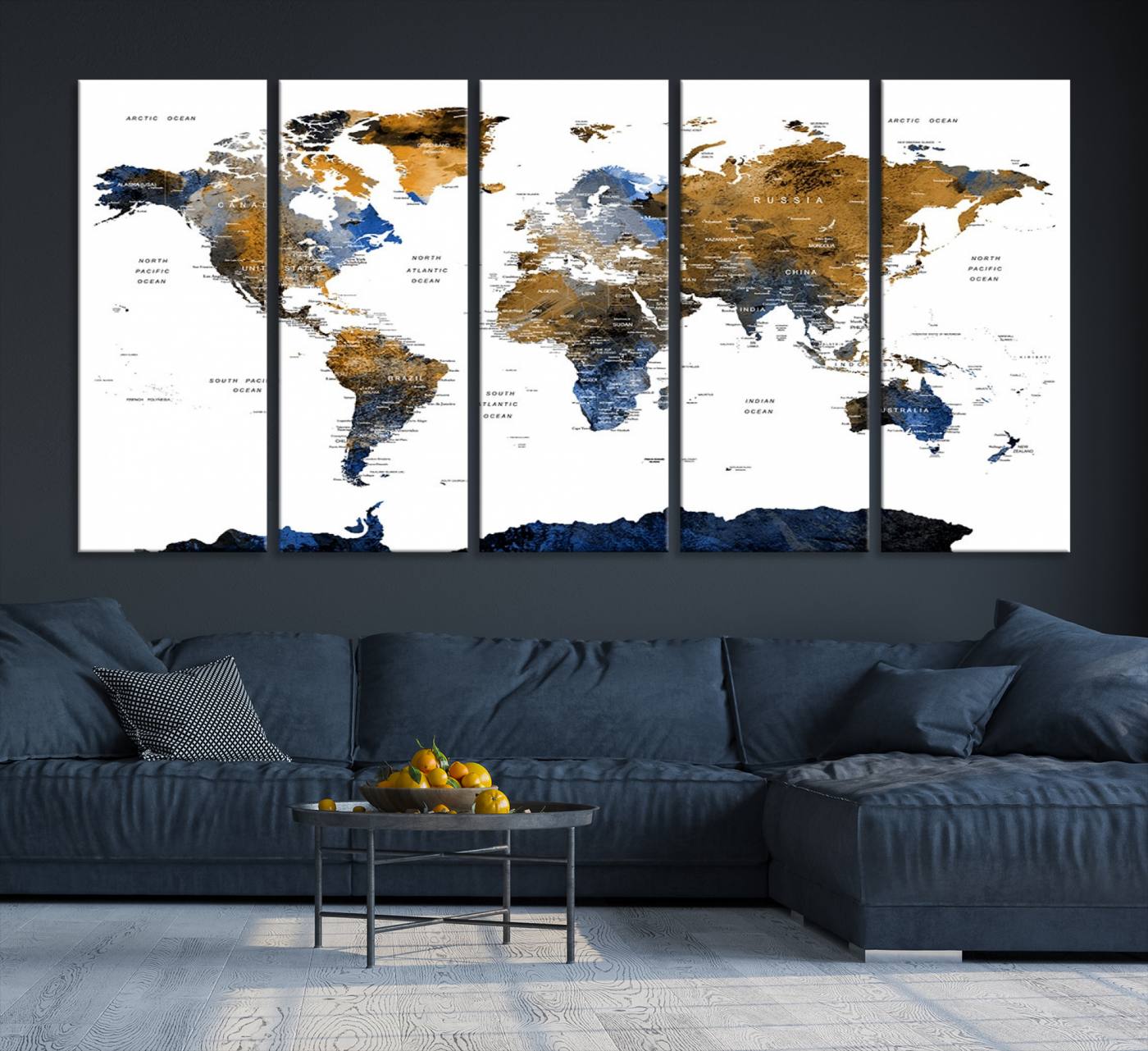 32677-MGV-CV-36X24-Modern Blue and Brown World Map Canvas Wall Art – Triptych Map Print – Global Decor for Living Room or Office – Ready to Hang