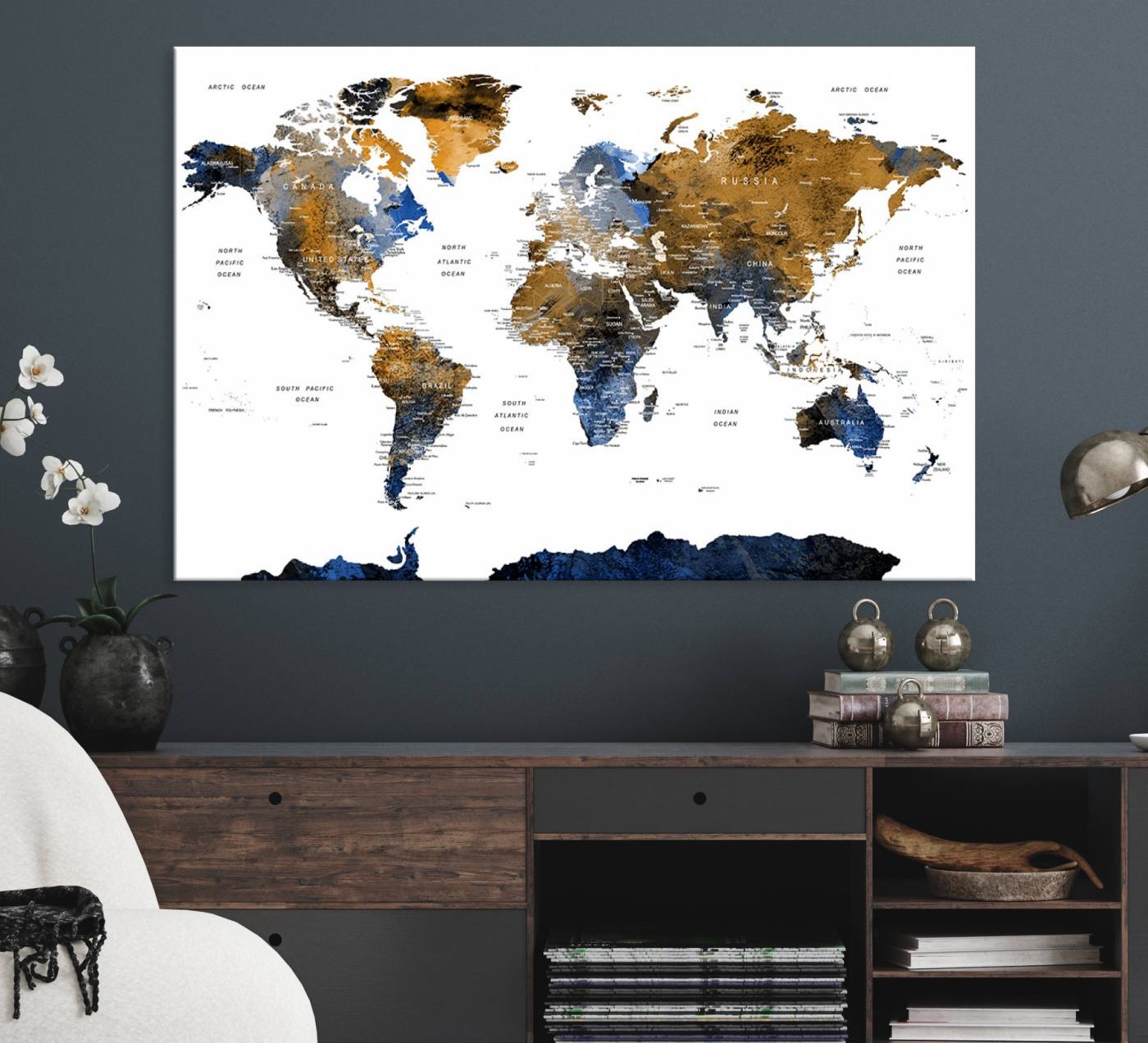 32677-MGV-CV-36X24-Modern Blue and Brown World Map Canvas Wall Art – Triptych Map Print – Global Decor for Living Room or Office – Ready to Hang
