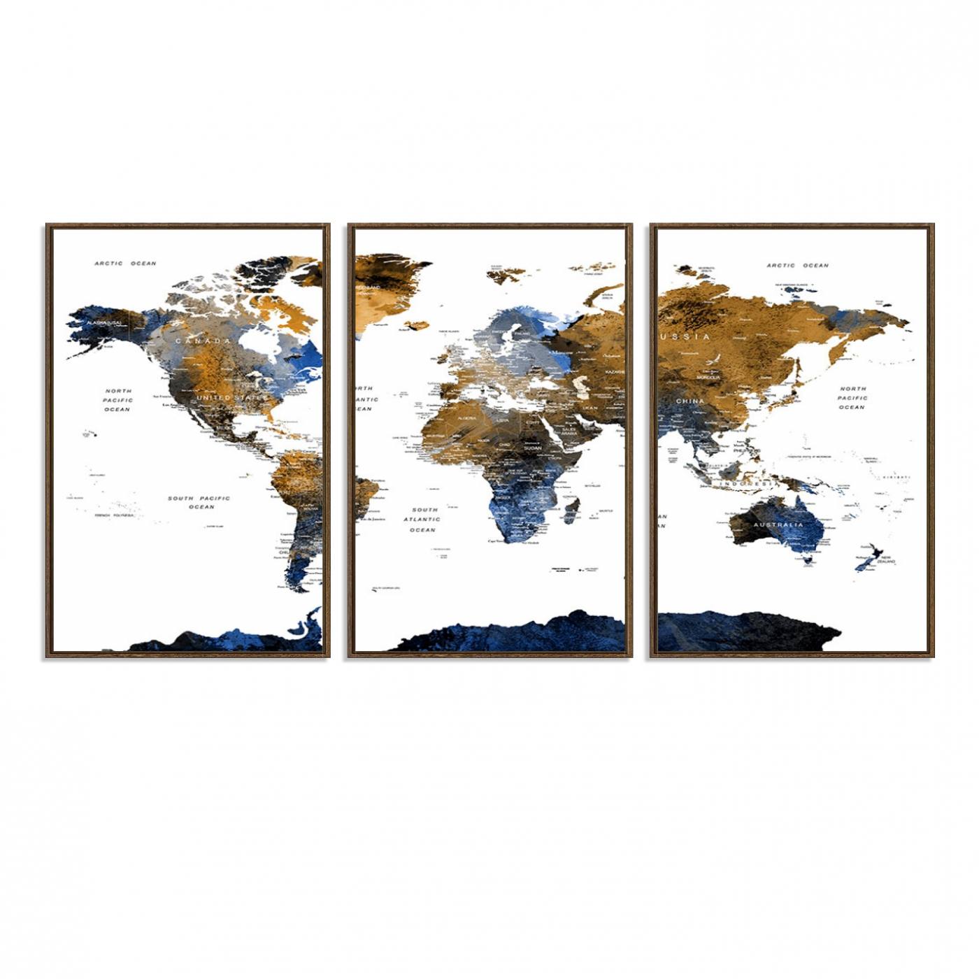 32677-MGV-FC-60X30-3P_Walnut-Modern Blue and Brown World Map Canvas Wall Art – Triptych Map Print – Global Decor for Living Room or Office – Ready to Hang